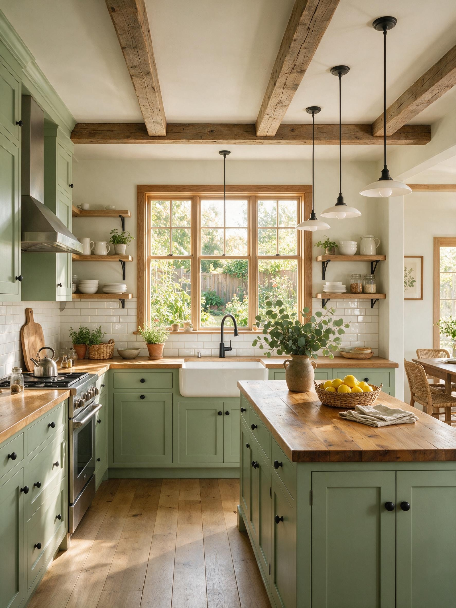 Sage green modern farmhouse kitchen with wood beams and island