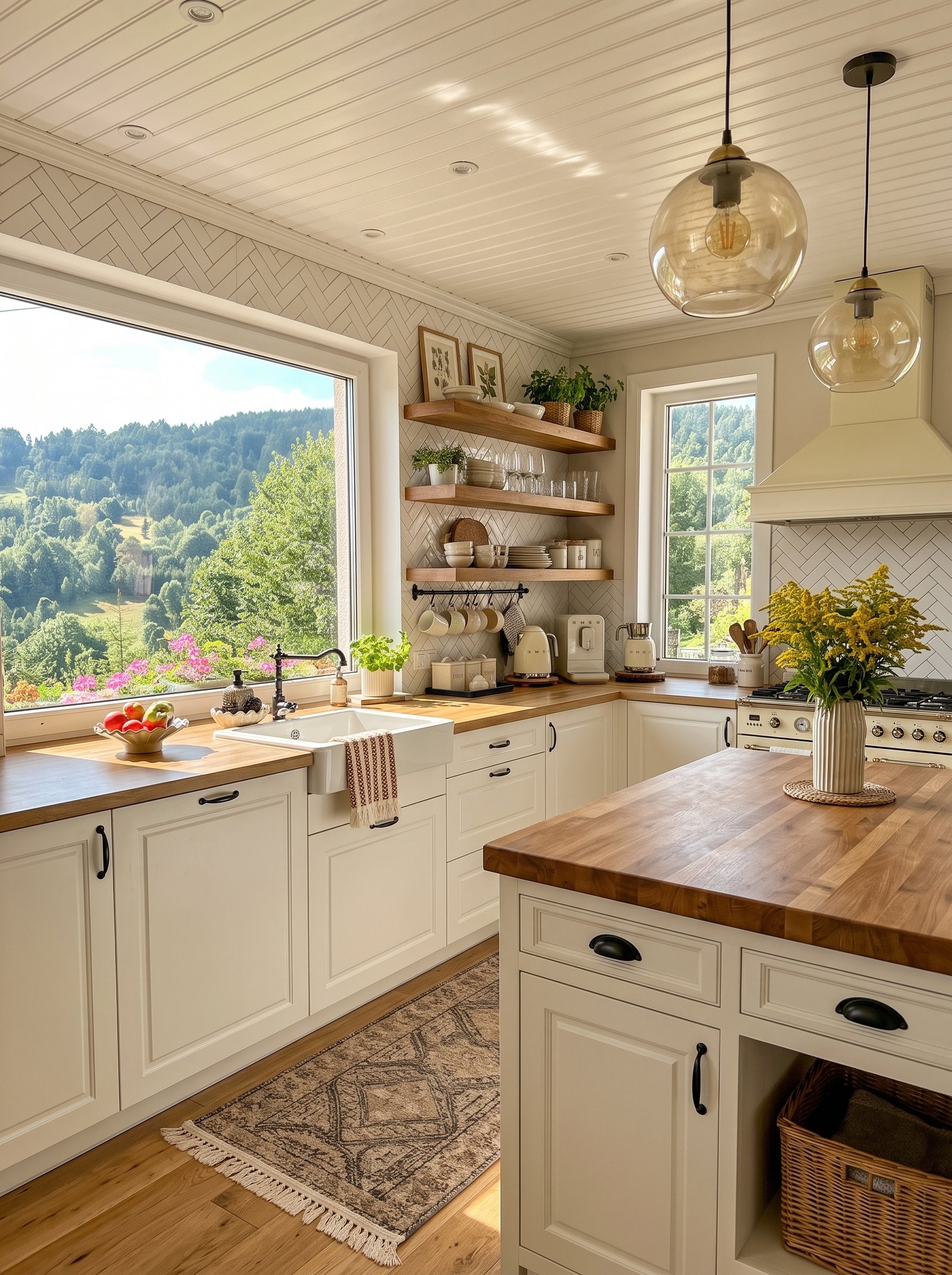 Mountain farmhouse kitchen with scenic forest views