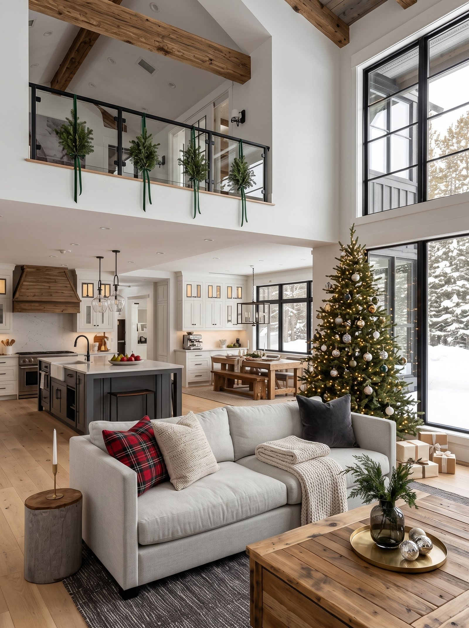 Modern farmhouse open-plan living with vaulted wood beams