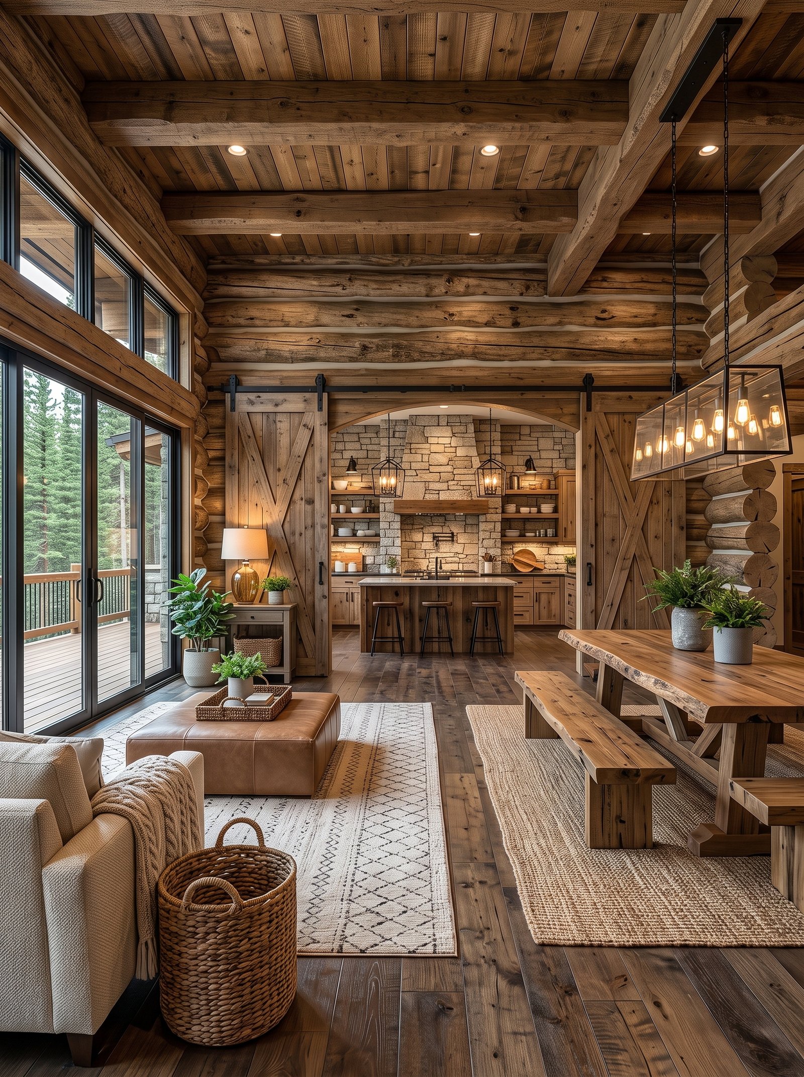 Rustic log cabin interior with vaulted ceiling and log walls