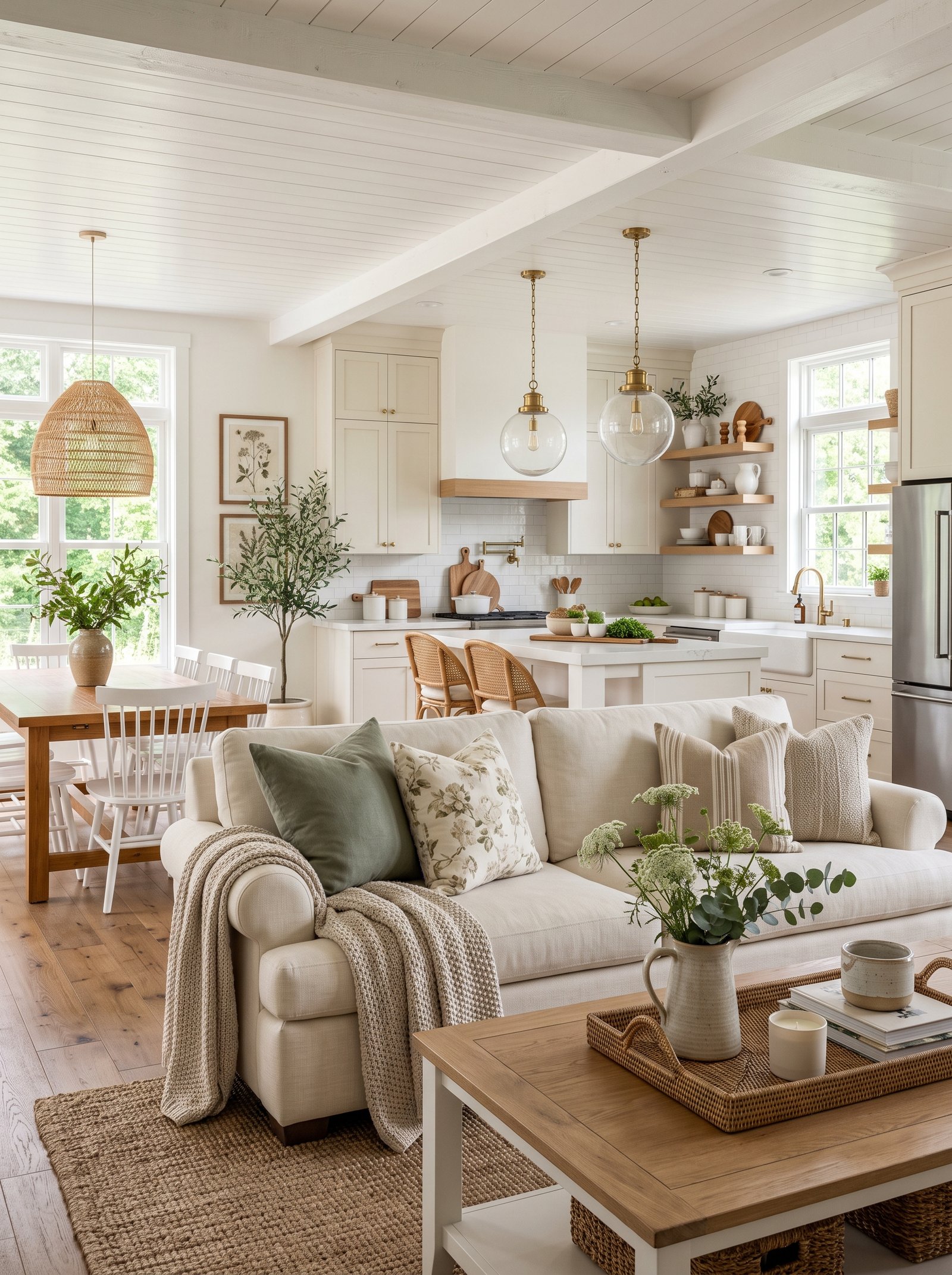 Cozy farmhouse living room ideas with cream sofa and natural wood