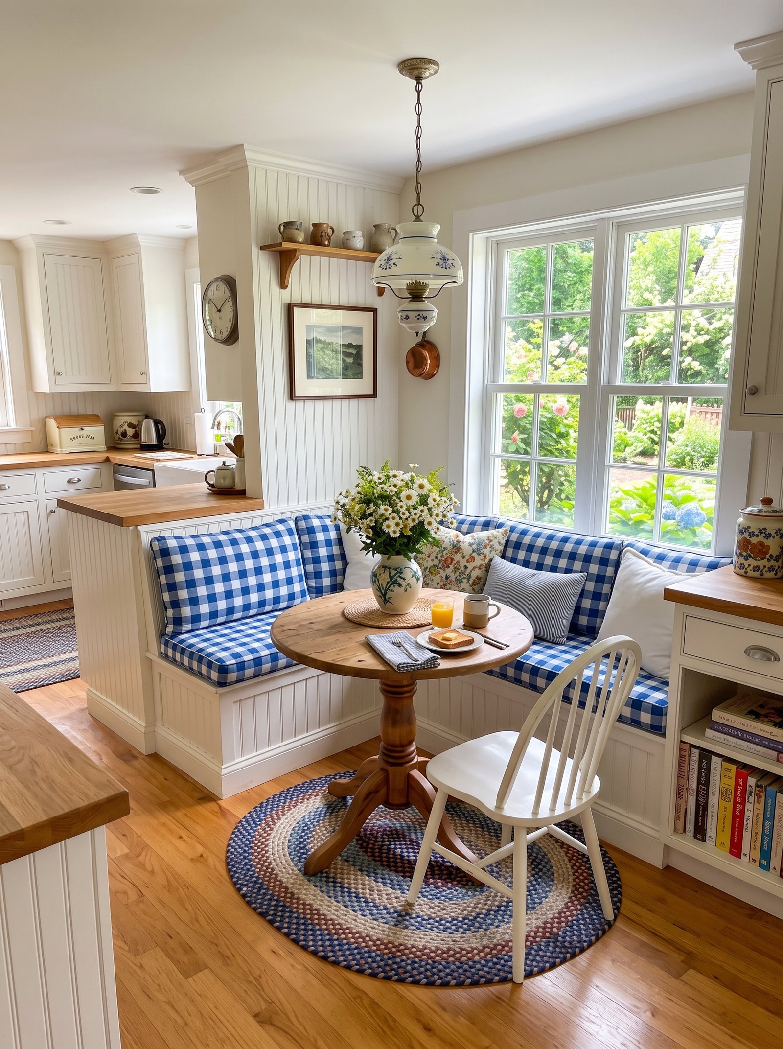 Small cozy breakfast nook for small spaces with blue gingham built-in bench