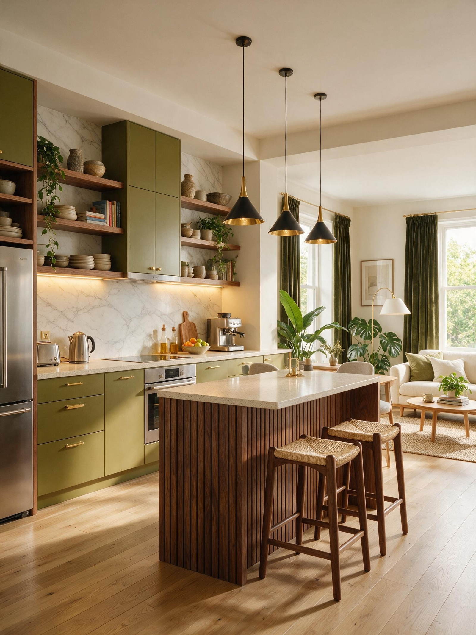 Apartment kitchen ideas on a budget with olive-green cabinets and wood island
