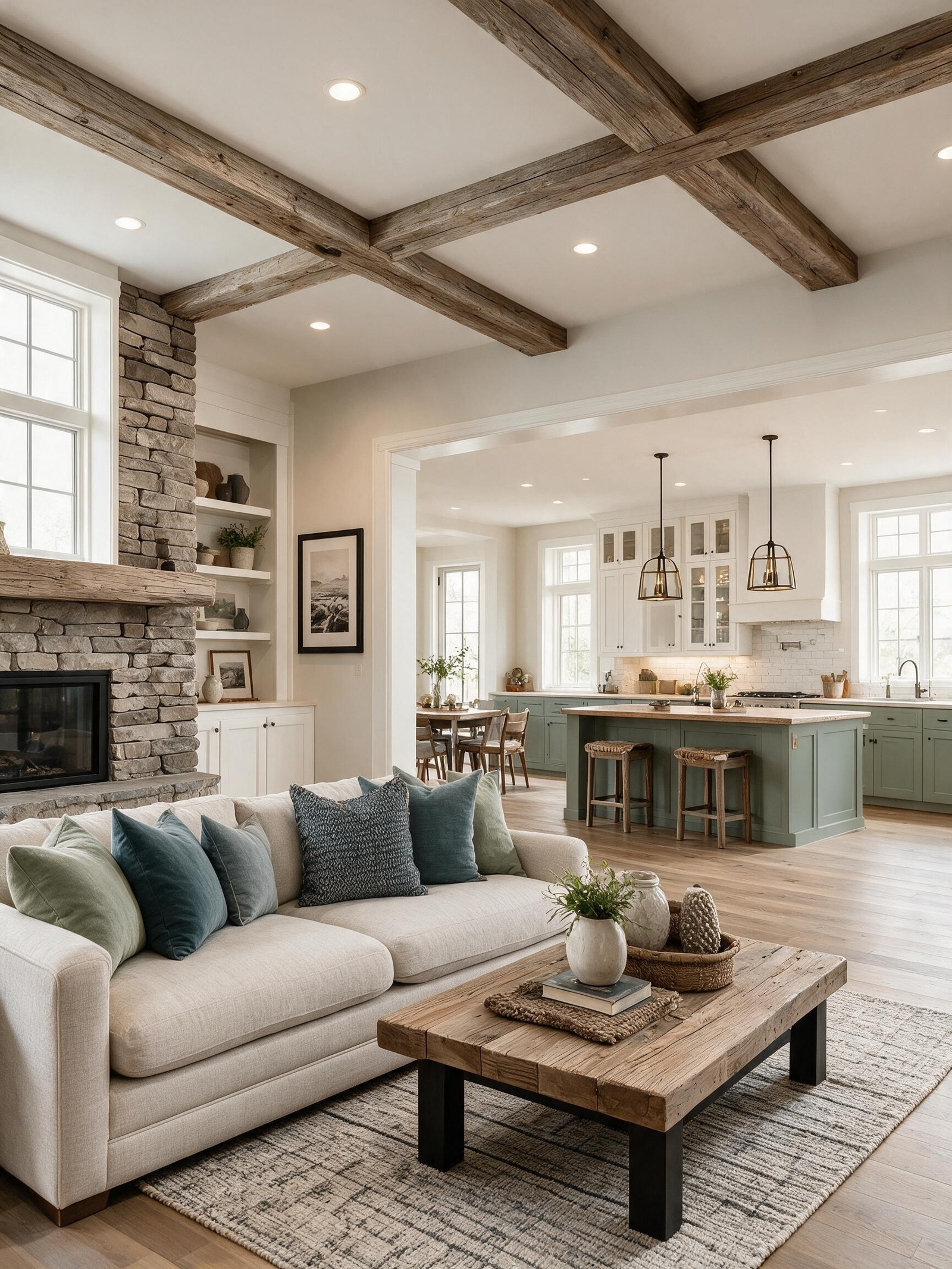 Modern farmhouse interior with wood beams and stone fireplace
