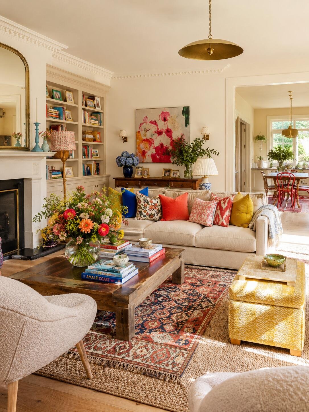 Cozy cottage-inspired living room with natural textures and traditional patterned rug