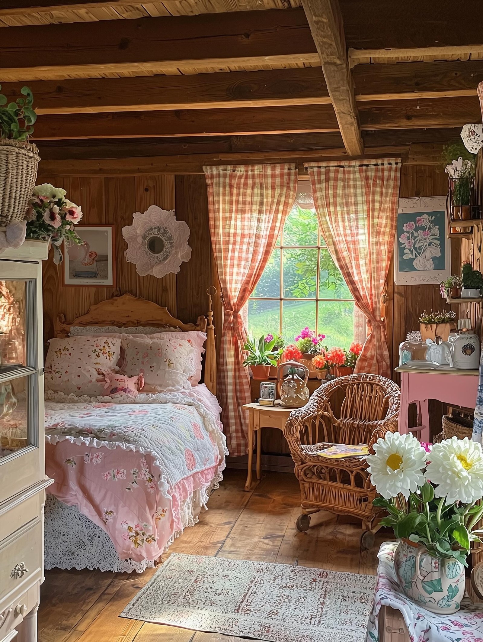 Cozy bedrooms with floral bedding, rustic wood walls, gingham curtains, and wicker furniture in a charming cottage house