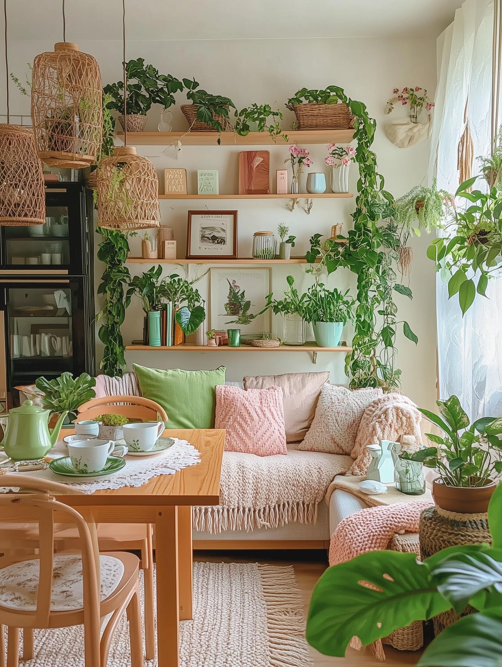 Budget-friendly living-dining space with lush greenery