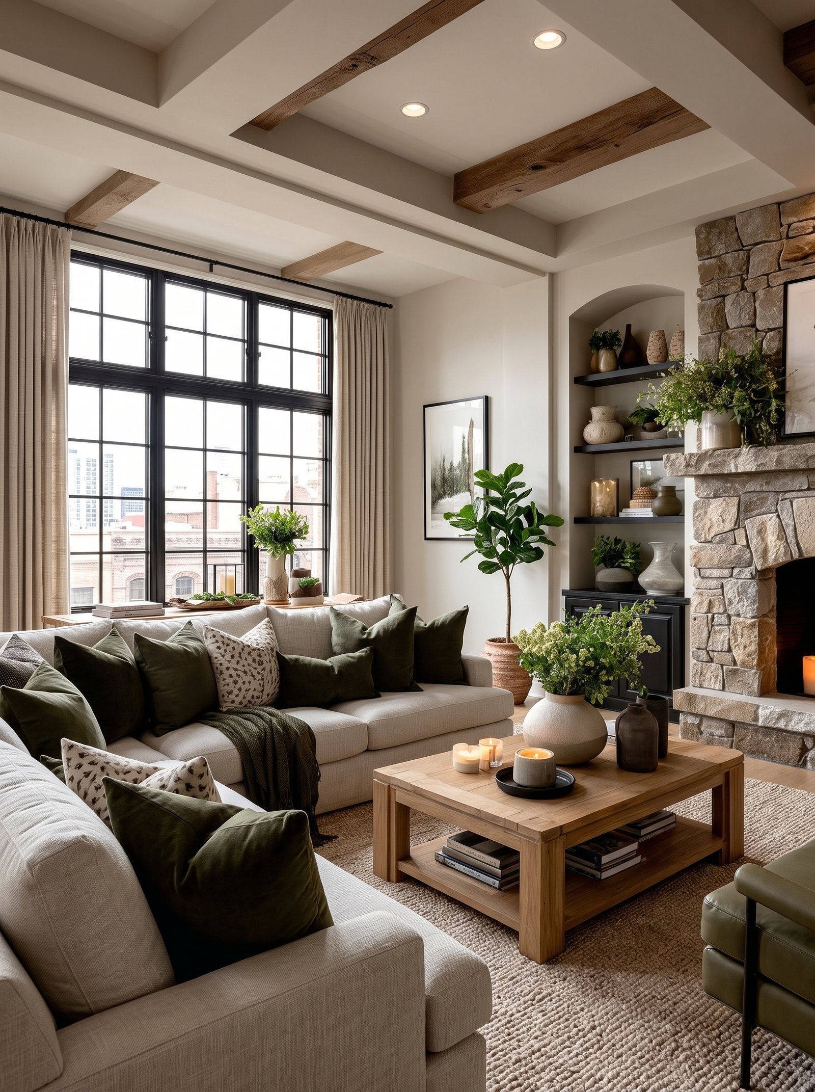Olive-green accents and neutral linen in sophisticated farmhouse space
