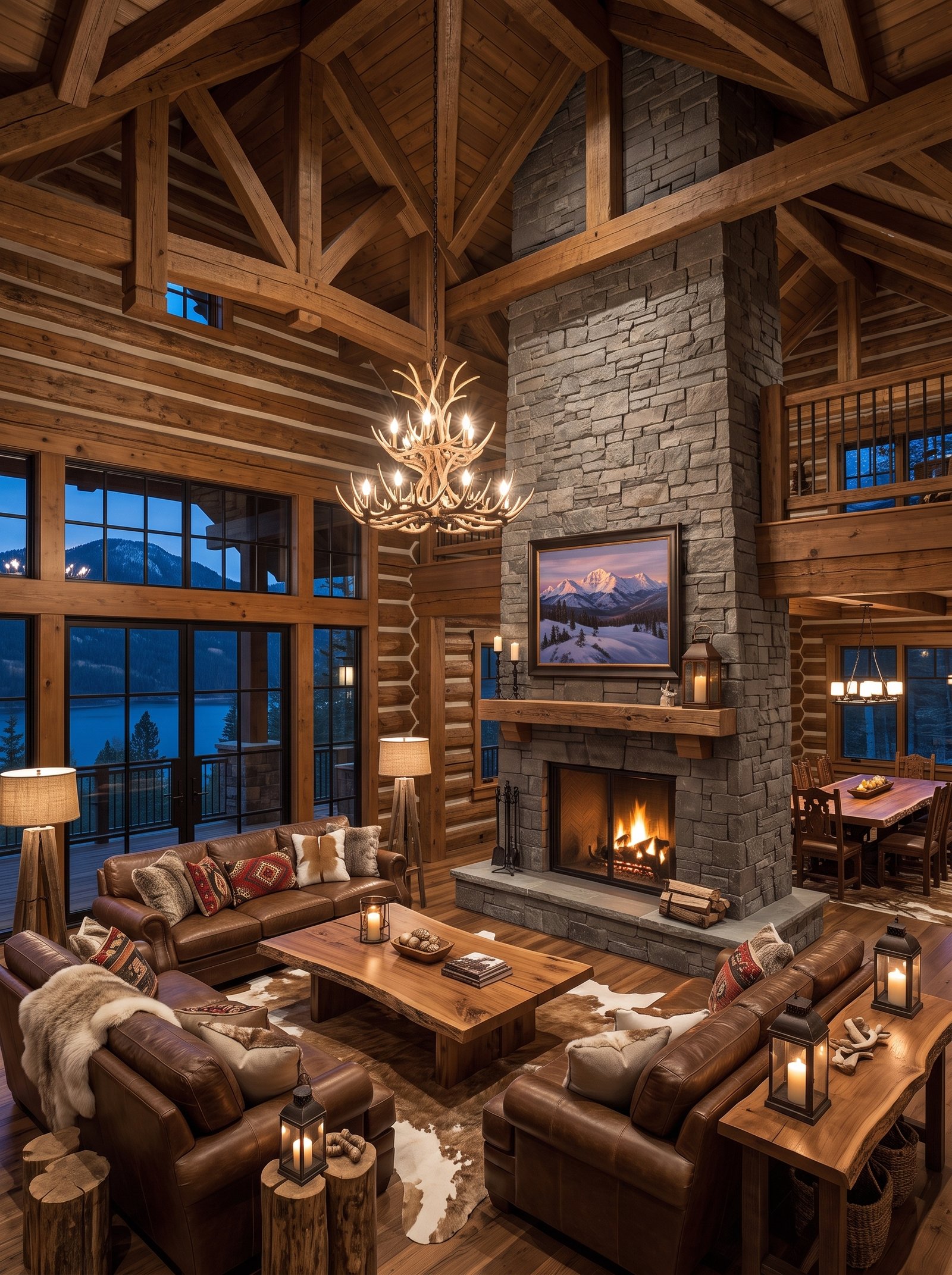 Rustic mountain living room with leather sofas, stone fireplace, and timber ceiling