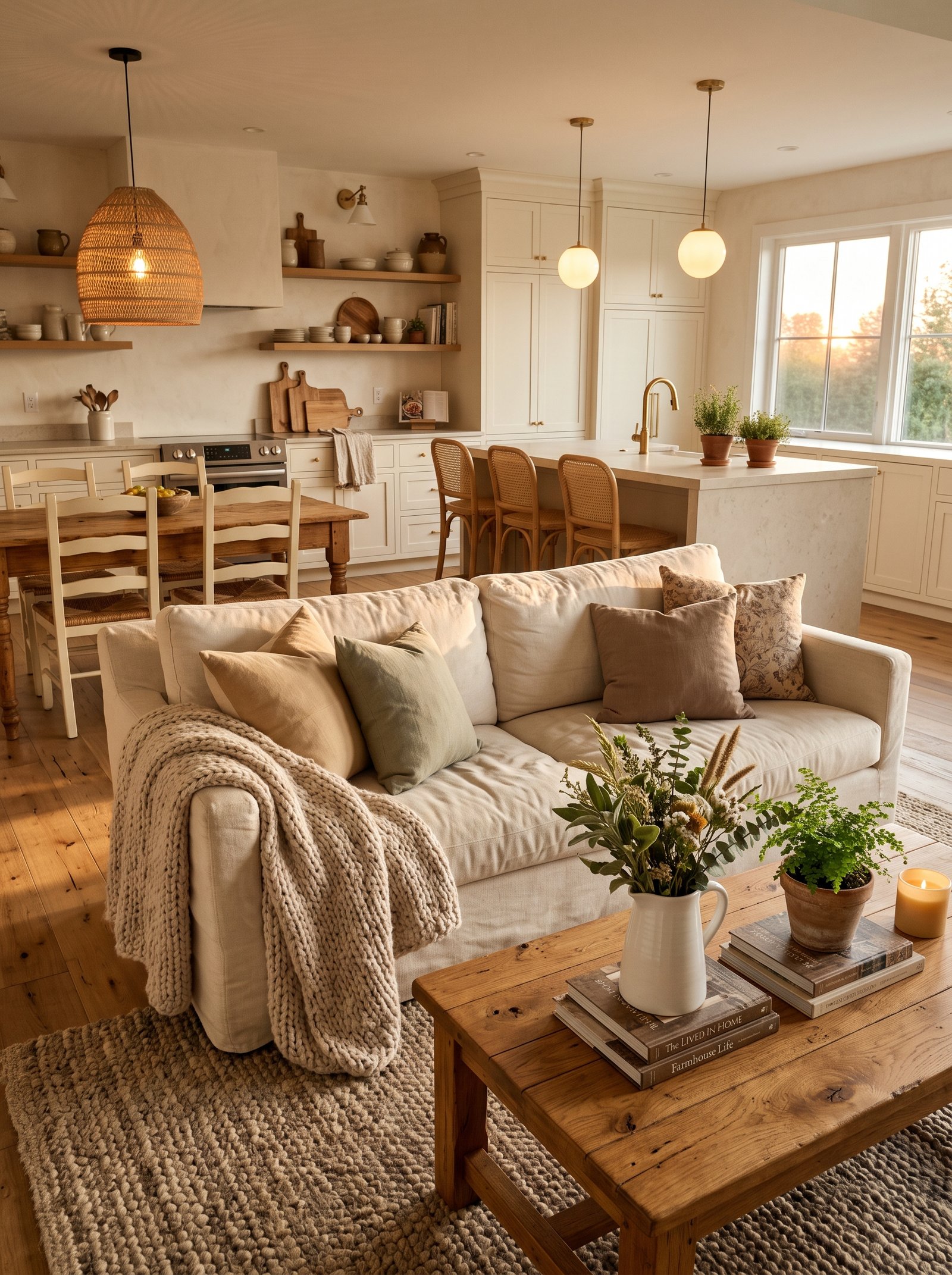 Open-plan farmhouse kitchen and dining room with warm wood furniture and pendant lights