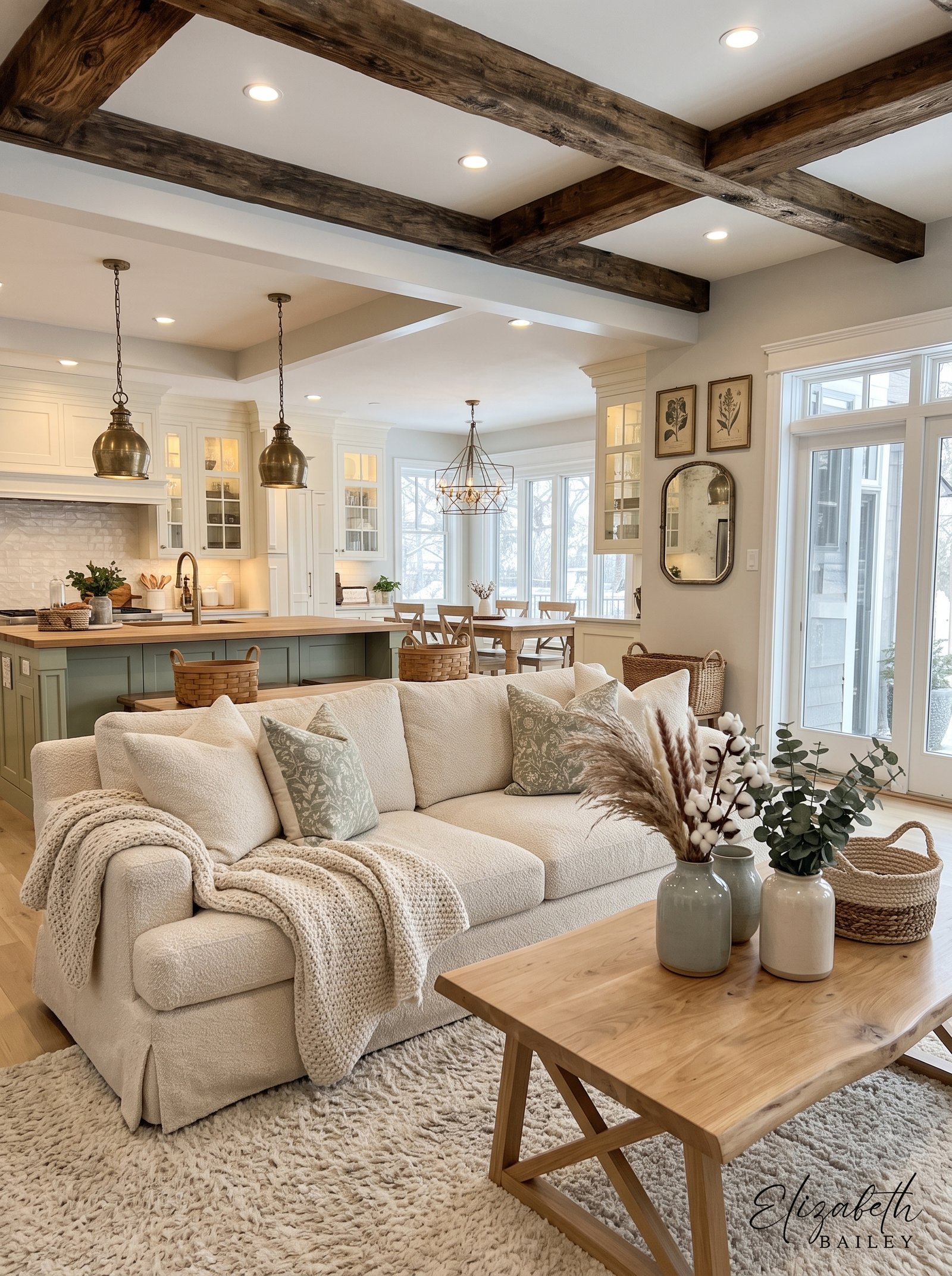 Bright modern farmhouse living room featuring layered pillows, plants, and natural wood furniture.