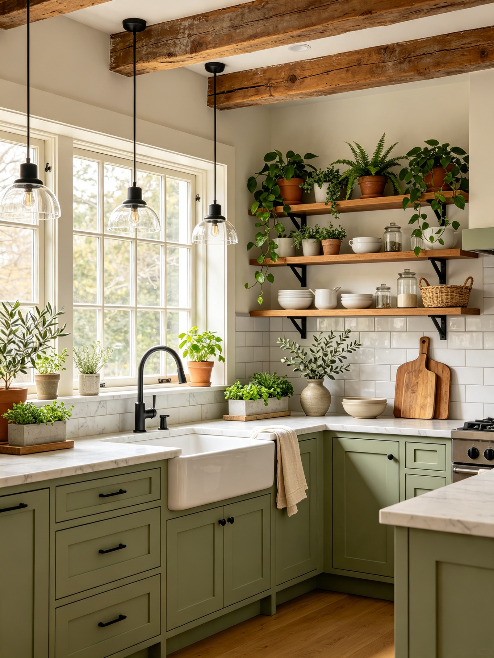 Bright farmhouse kitchen with window sill herbs and greenery