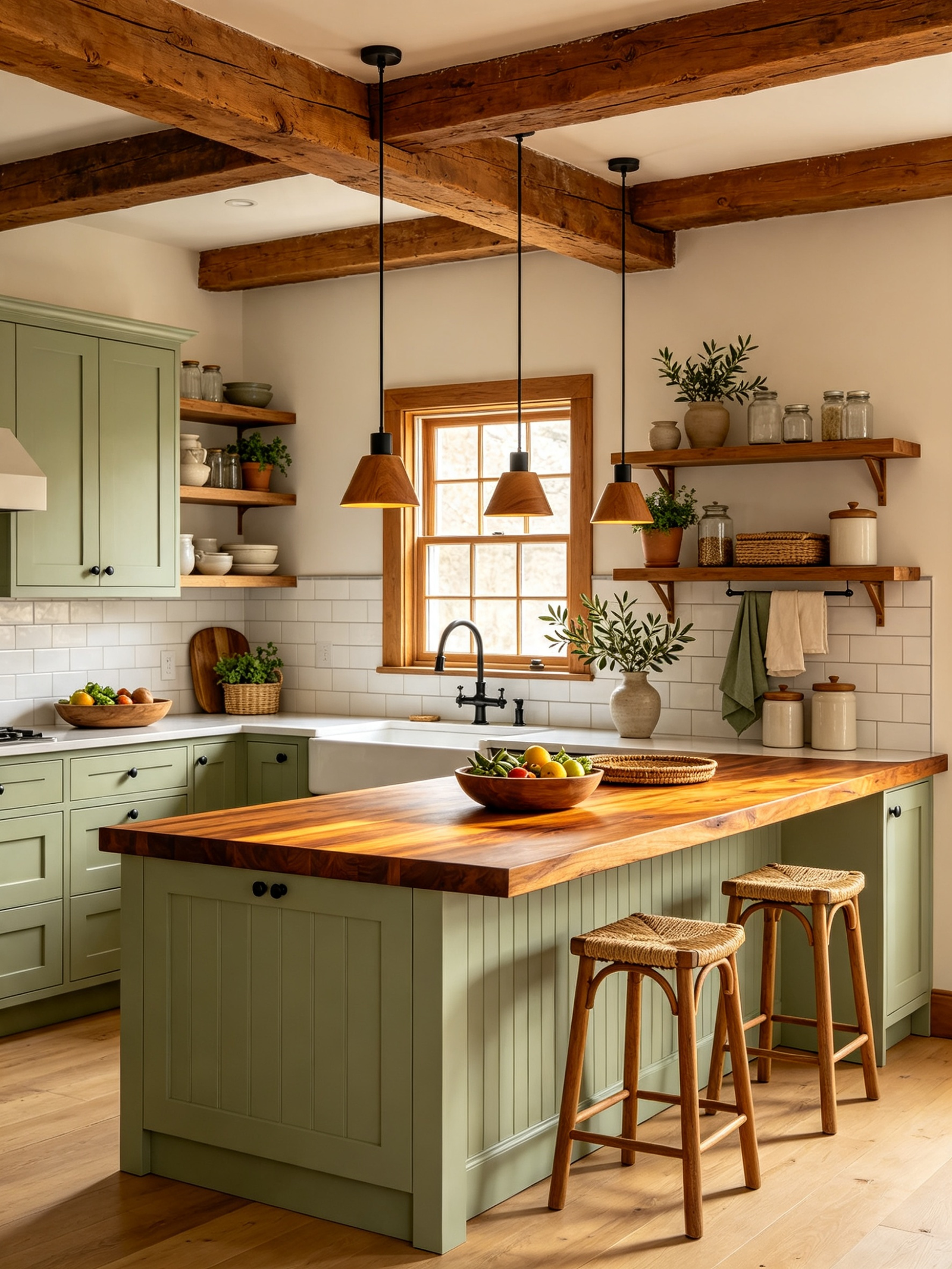 Sage green modern farmhouse kitchen with wood beams and island