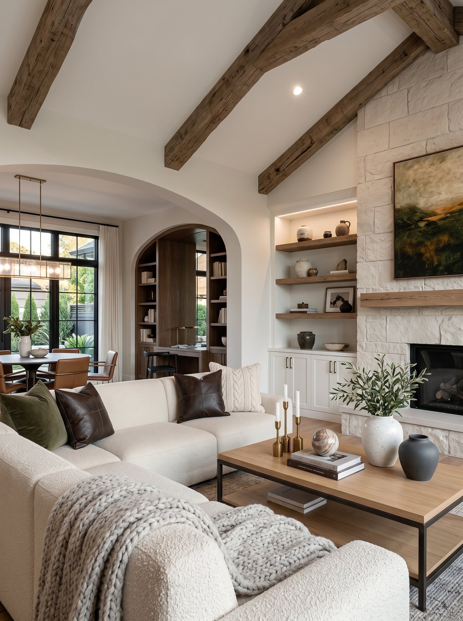 Modern farmhouse interior with vaulted ceiling and timber beams