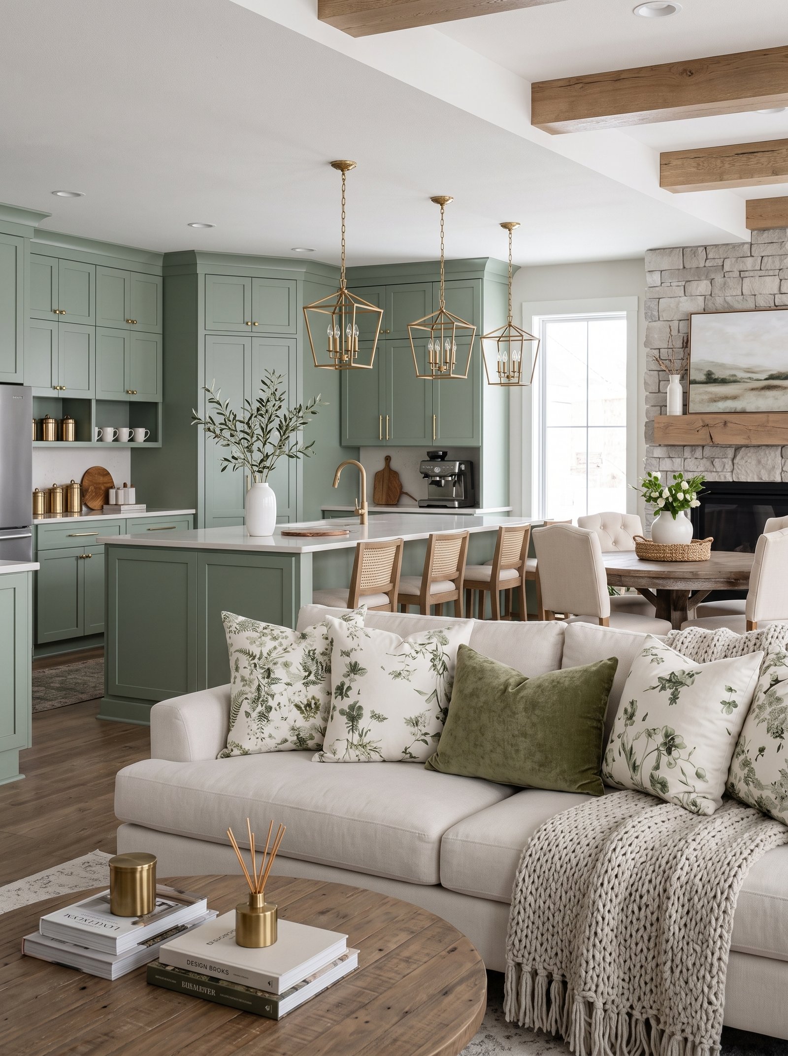 Cream sofa with floral cushions in serene farmhouse space