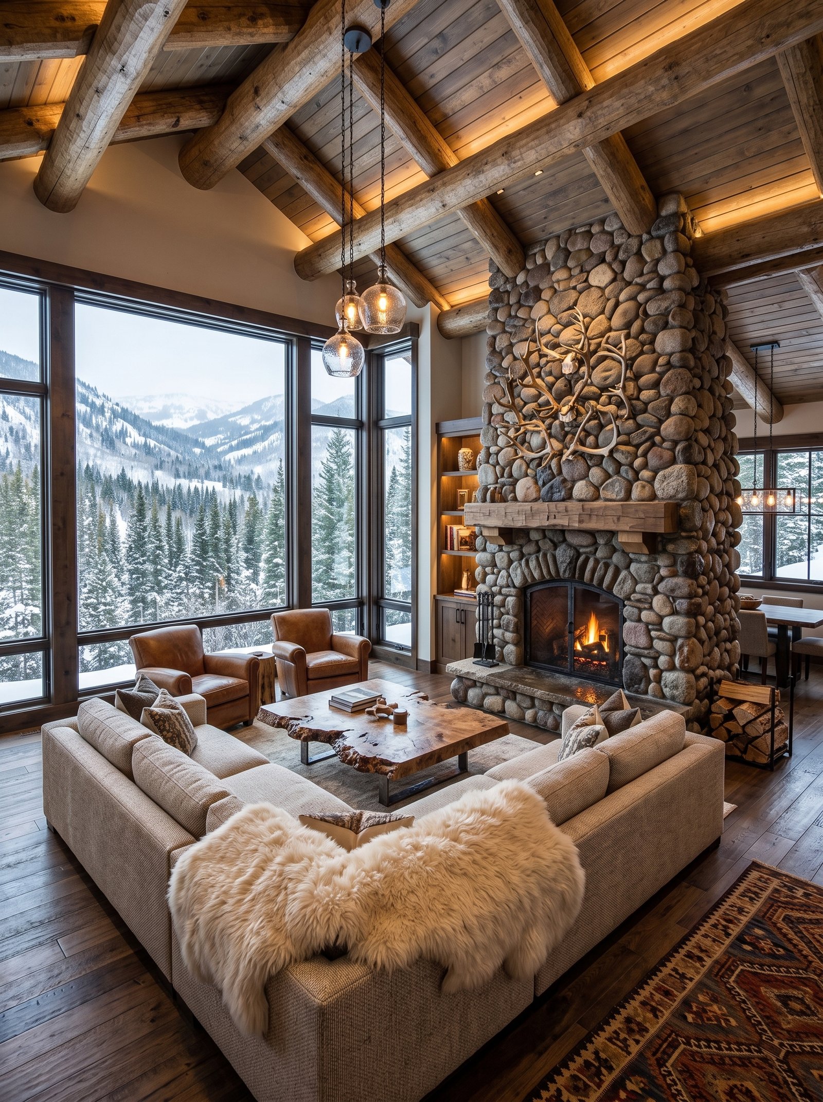 Cream sectional surrounds a wooden coffee table overlooking a snowy mountain landscape