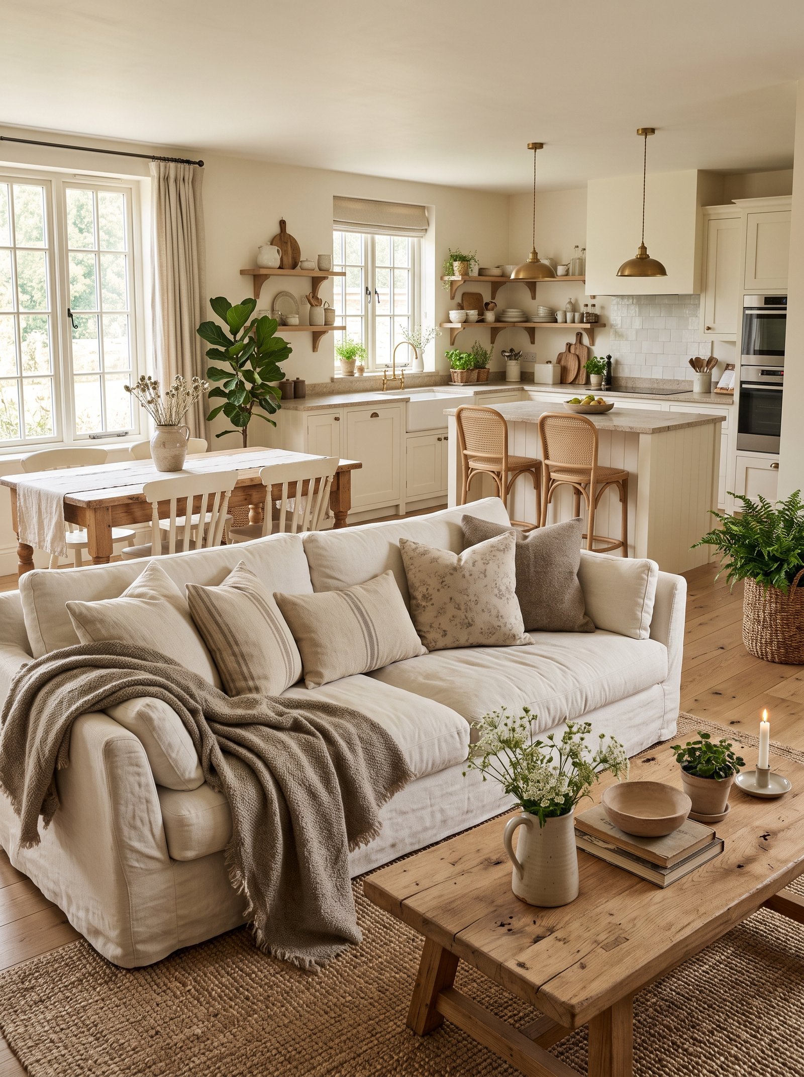 Cozy Home Interior Ideas with open shelving, greenery, and soft beige textiles