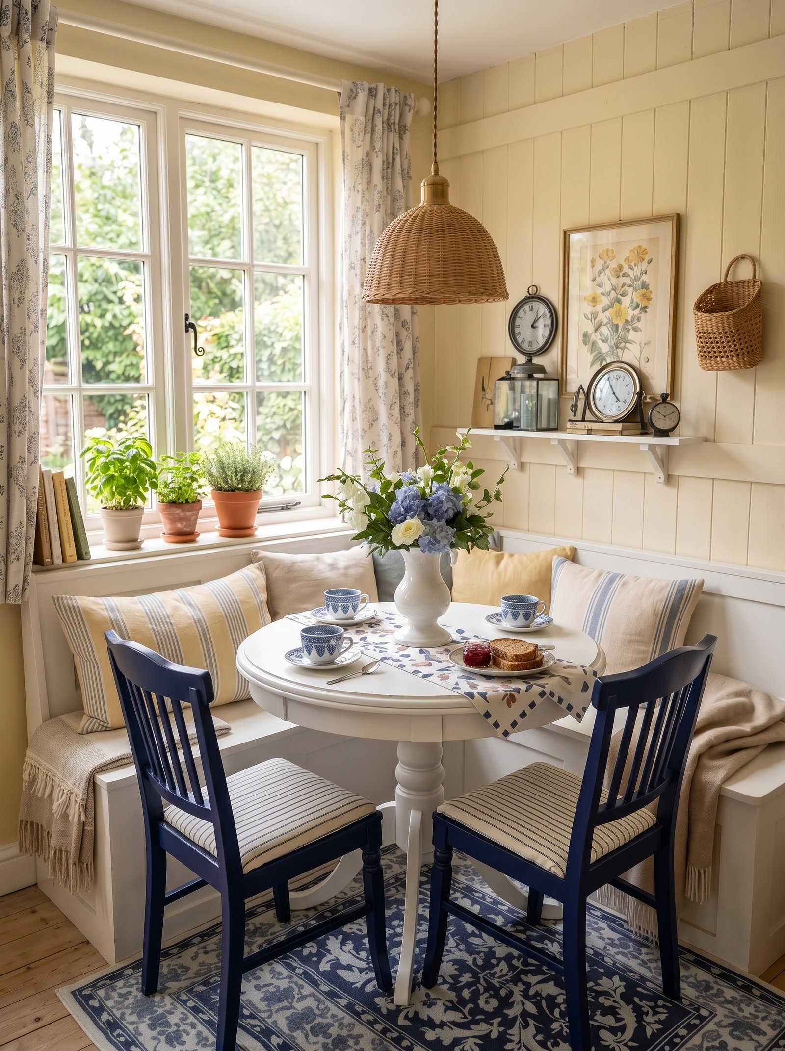 Cozy cottage breakfast nook with blue gingham curtains and wooden pedestal table