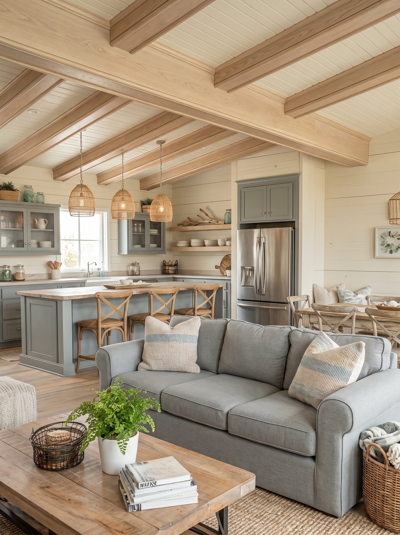 Neutral modern farmhouse open concept living room beside a bright gray kitchen