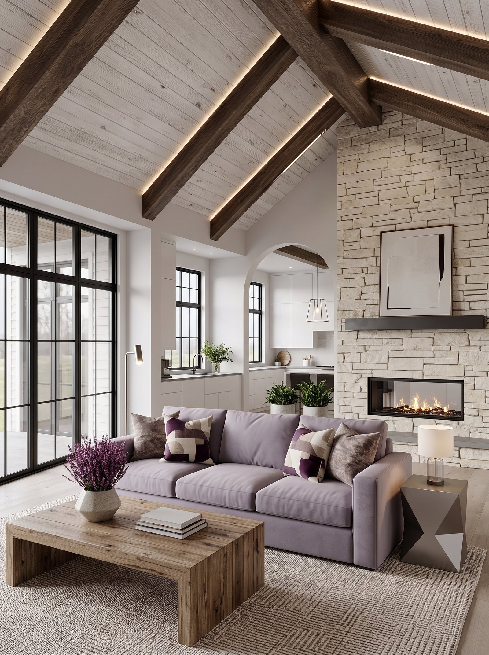 Modern farmhouse interior with vaulted ceiling and lavender sofa