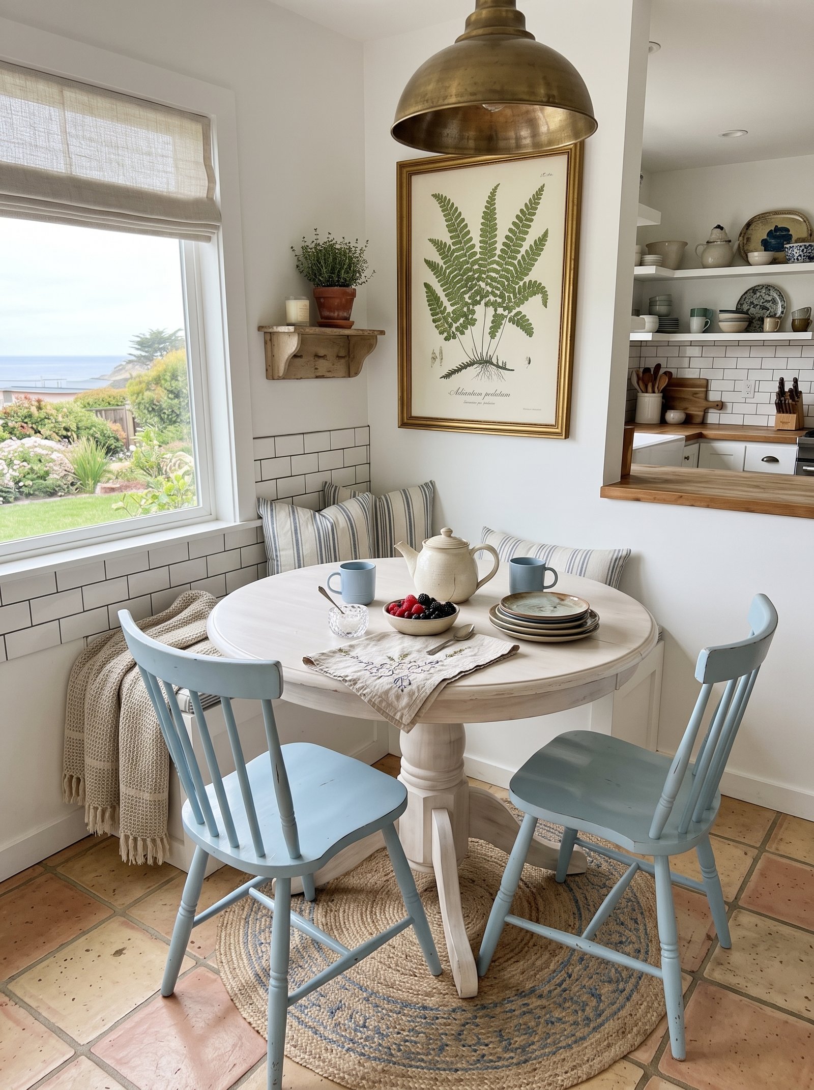 Round white dining table with pale blue chairs in a cottage kitchen