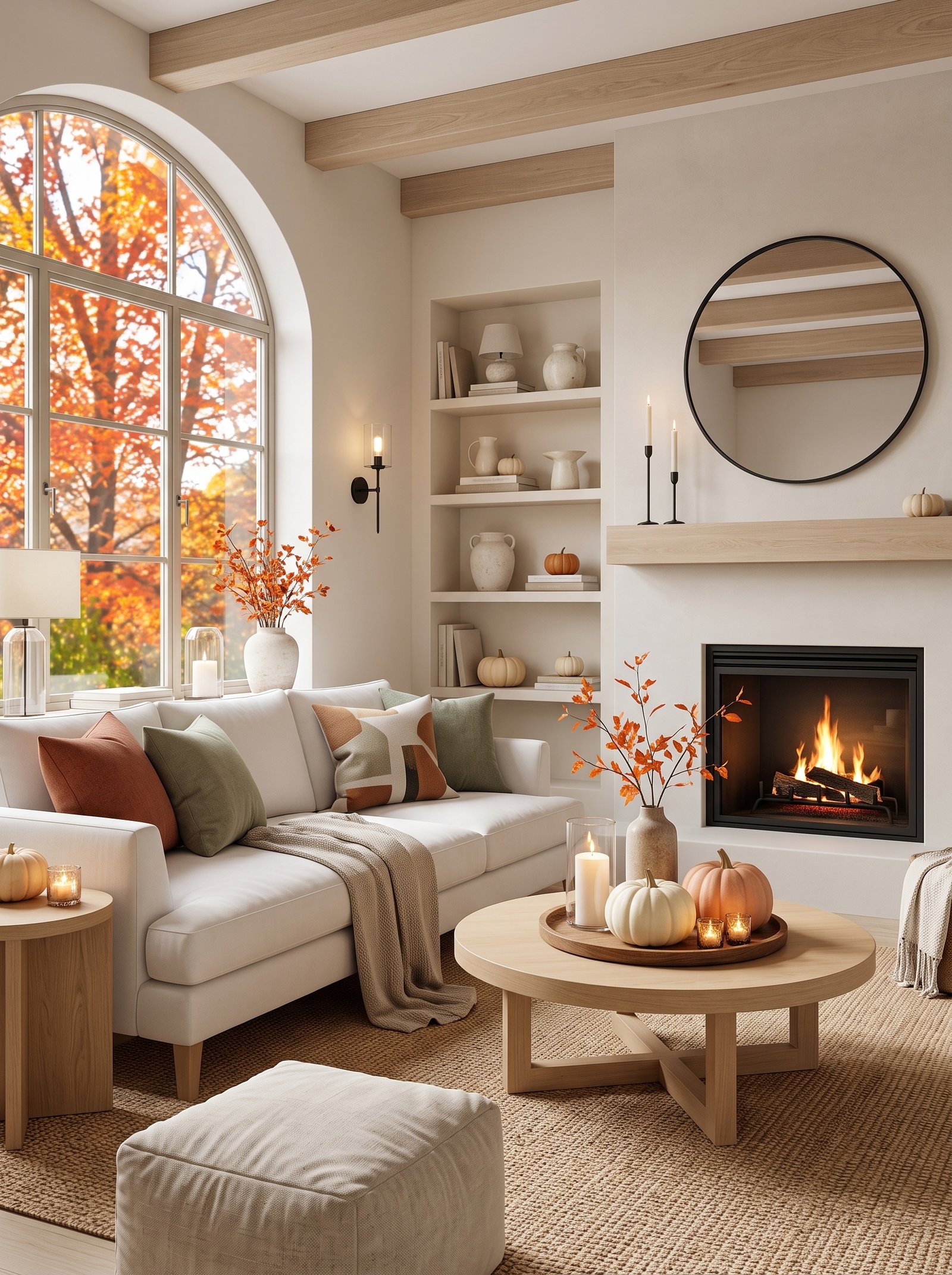 Cozy autumn living room ideas with pumpkins, cream sofa, and fireplace