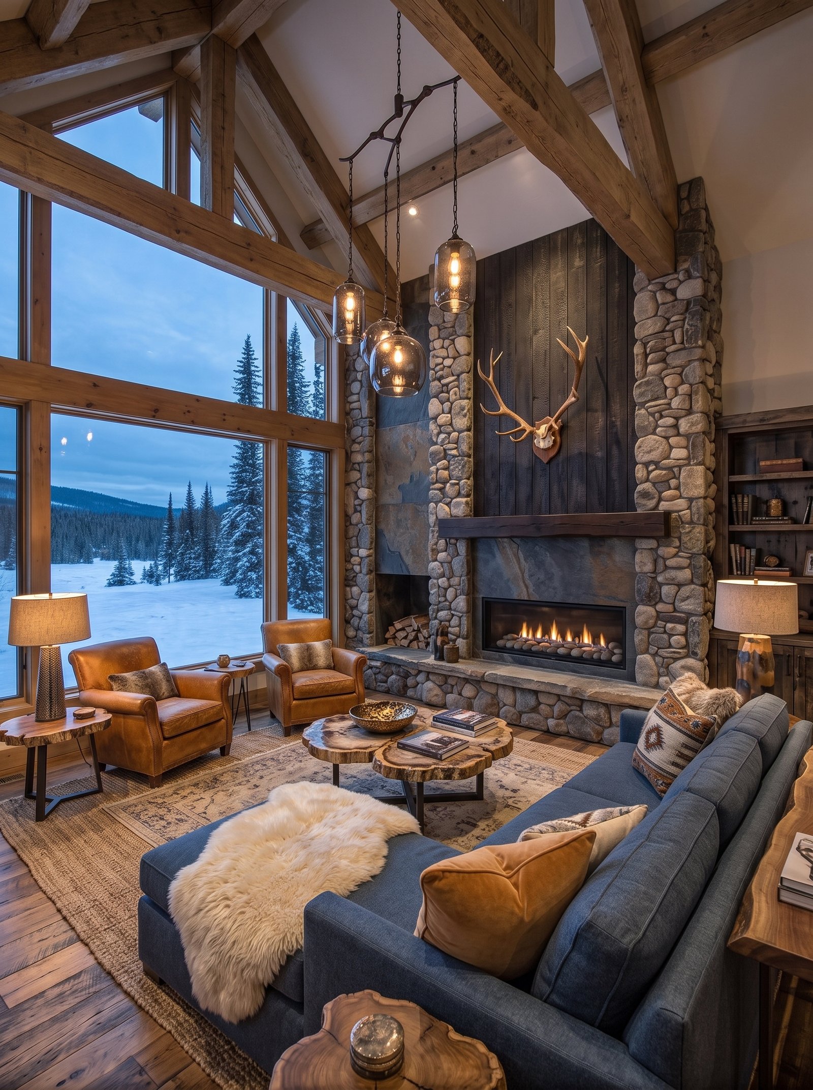 Rustic mountain living room featuring leather chairs, large windows, and natural wood tables