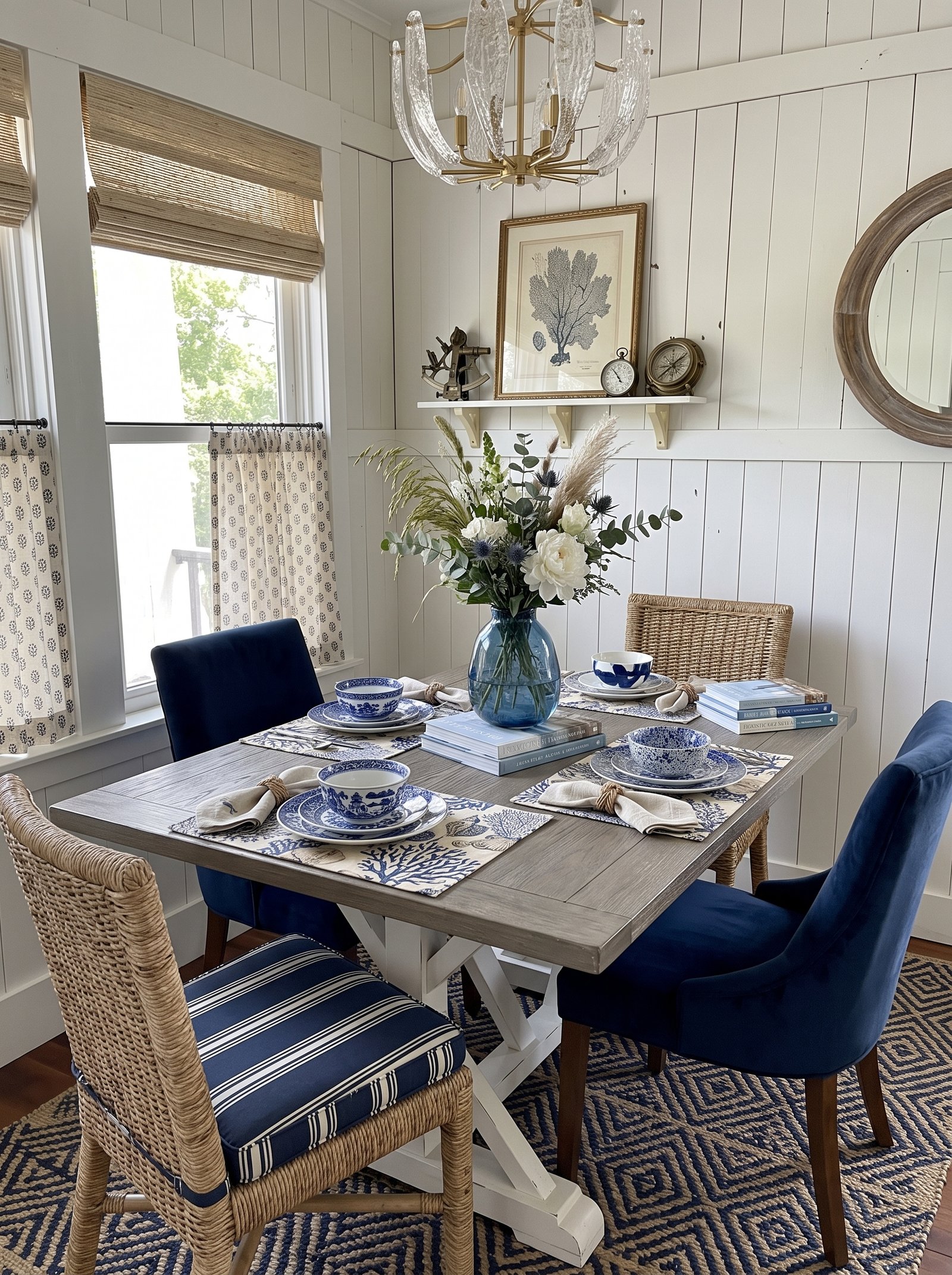Coastal farmhouse dining room with navy chairs, woven seating, and wooden table