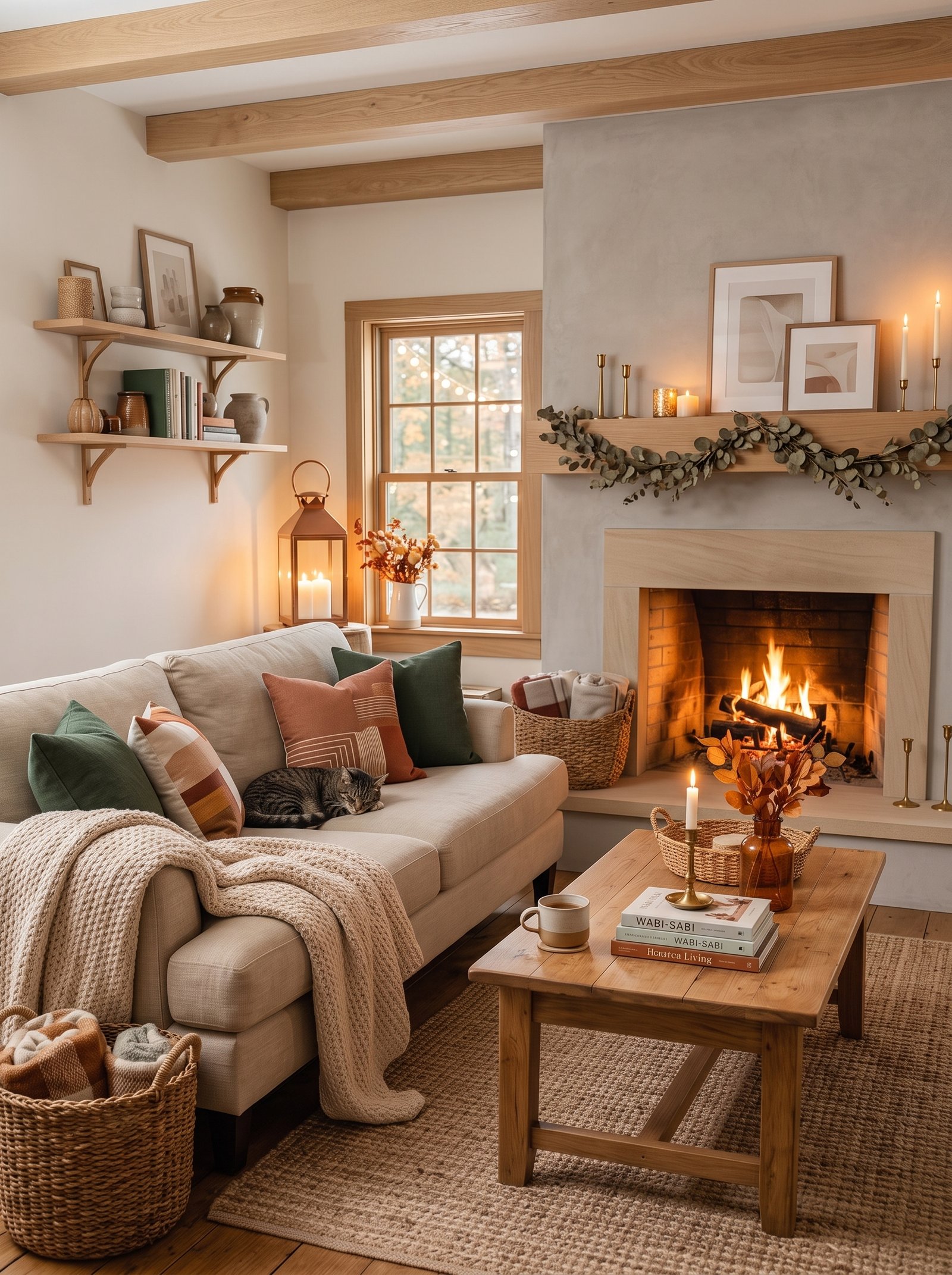 Cozy fall living room featuring knit blankets, autumn pillows, and natural wood decor