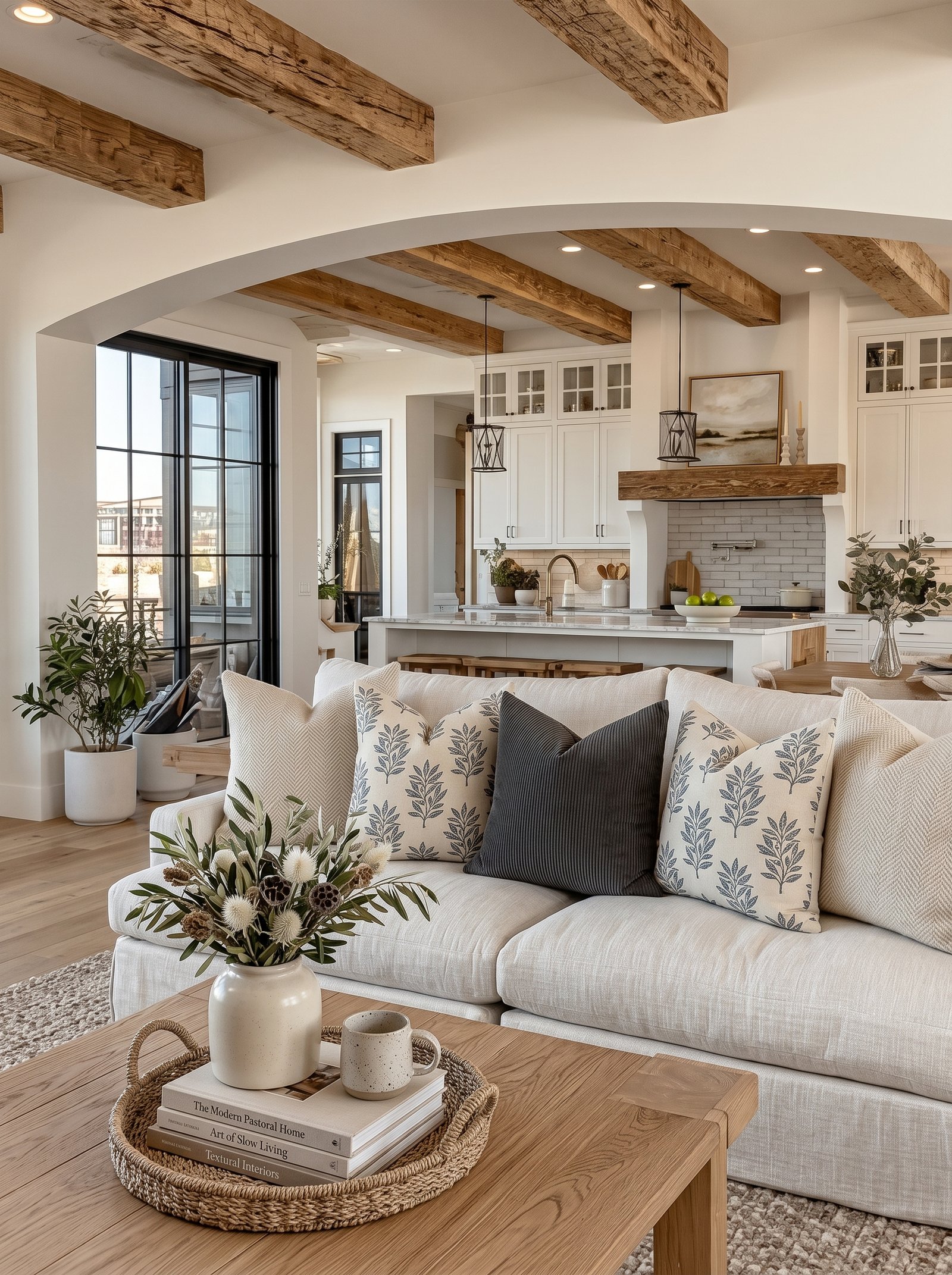 Cream sofa with botanical cushions in bright farmhouse living