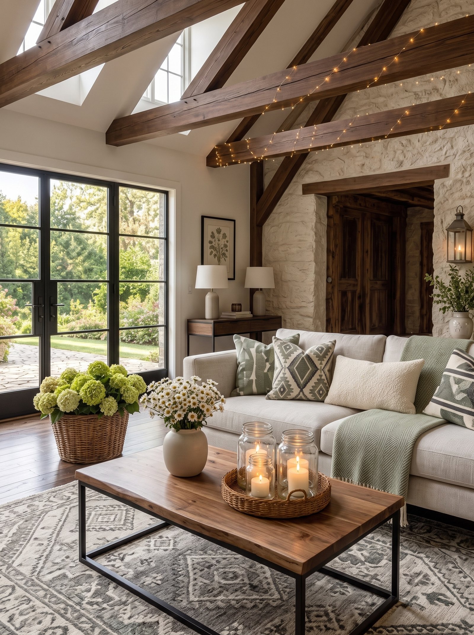Rustic living room with exposed wood beams, cream sofa, and natural garden views