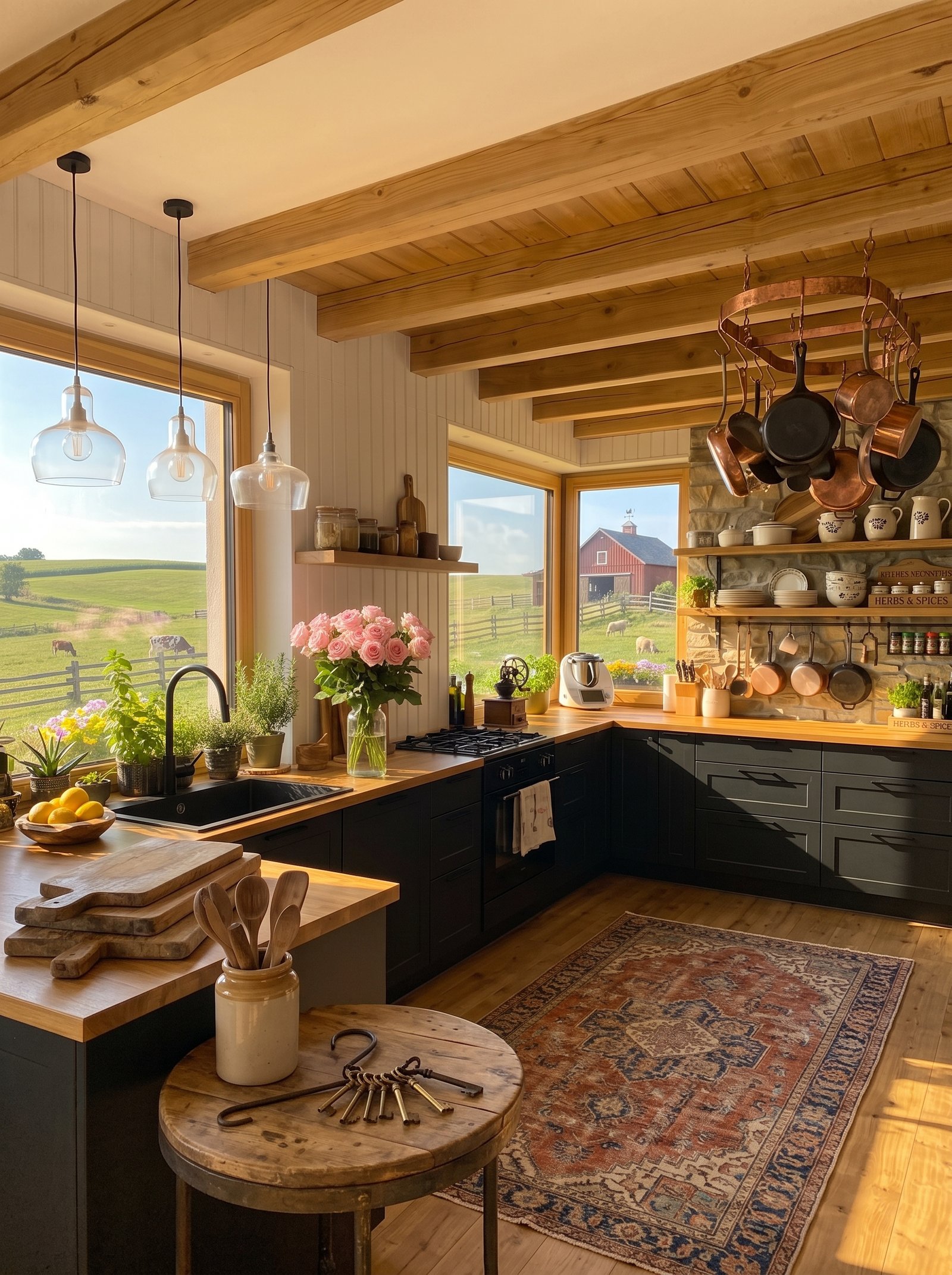 Vintage area rug and rustic styling in farm kitchen