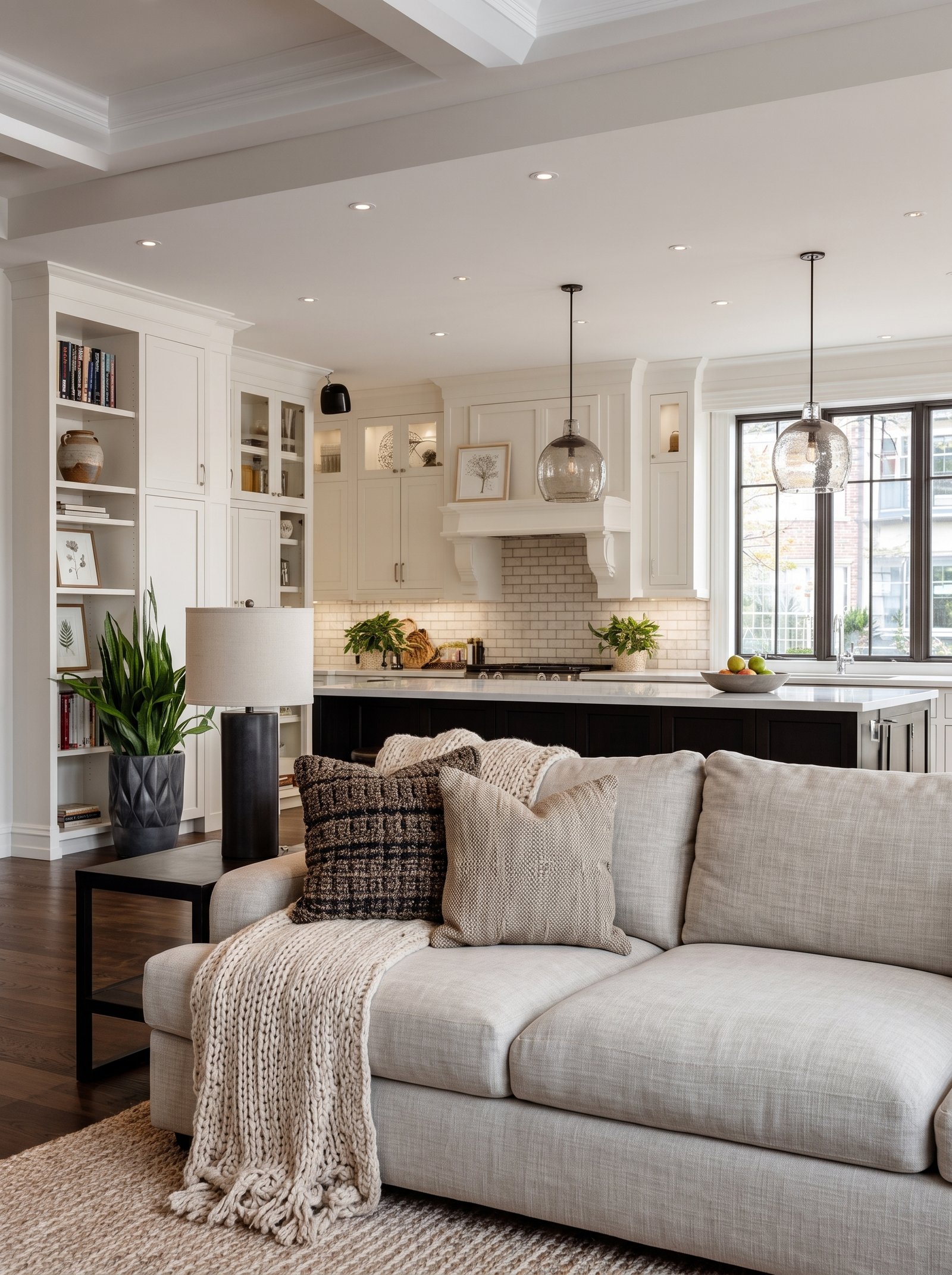 Neutral linen sofa with textured cushions in bright farmhouse home