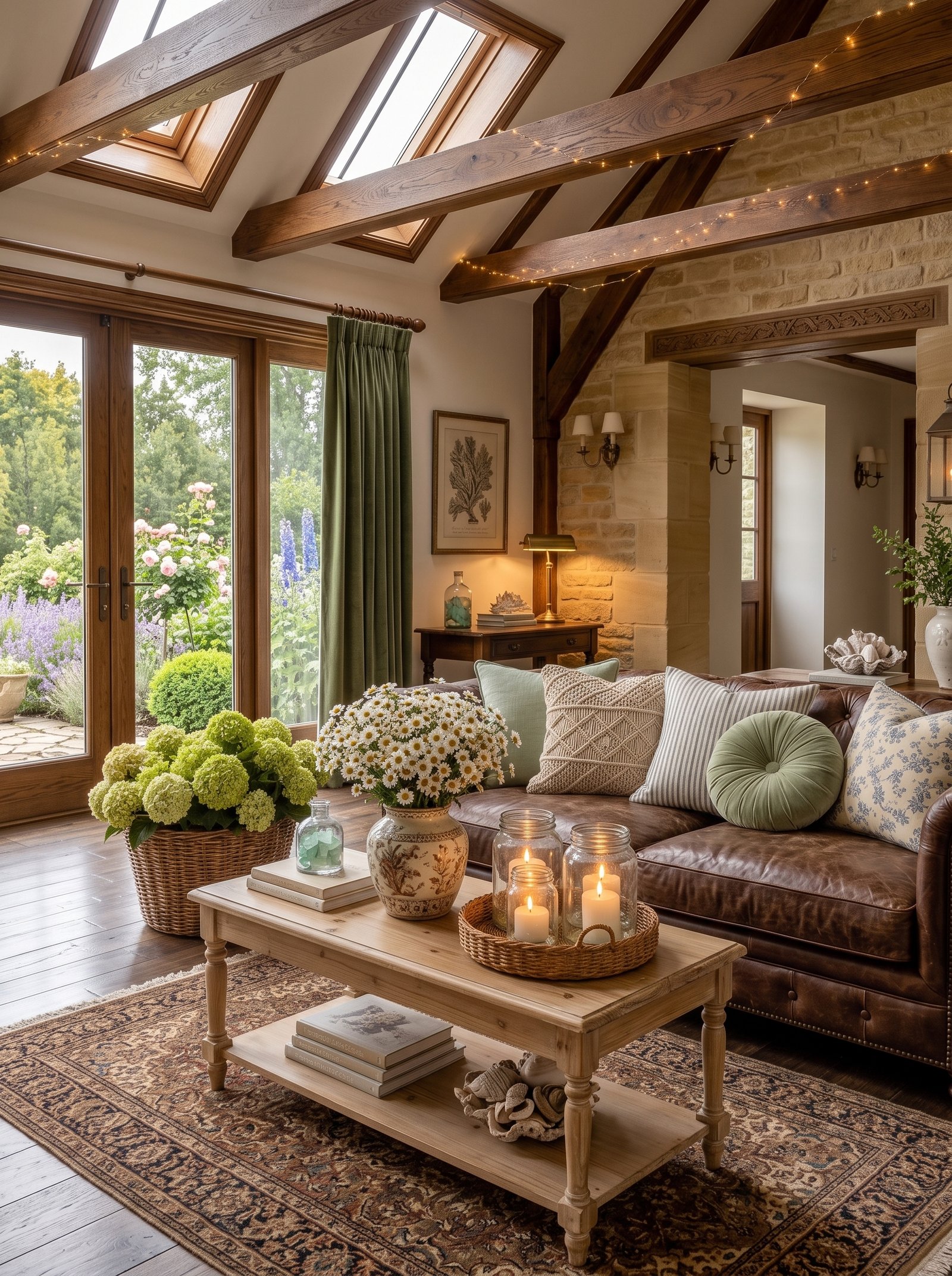 Cozy rustic living room ideas with leather sofa, wood beams, and fireplace