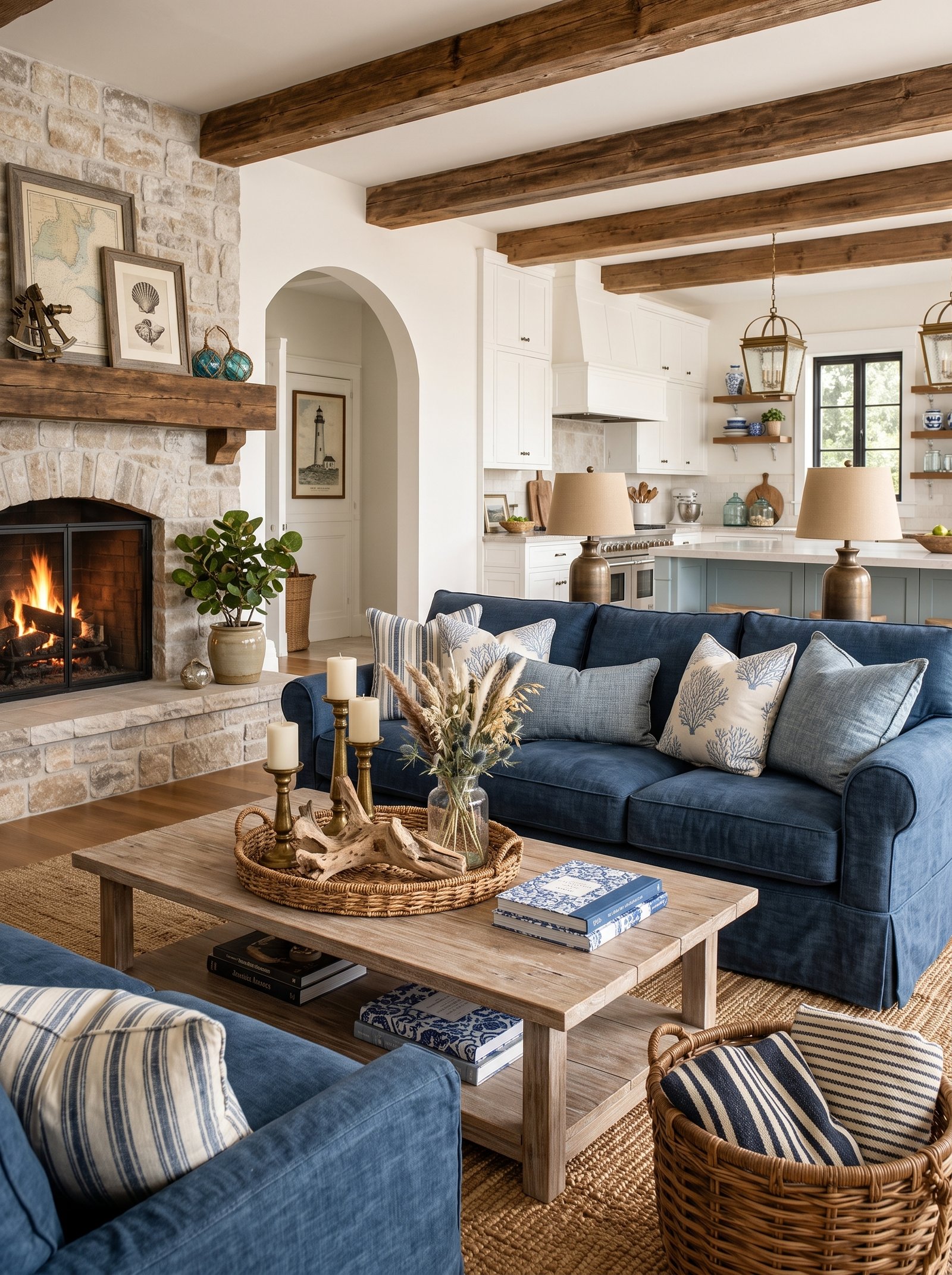 Blue and white rustic living room ideas with navy sofa and stone fireplace