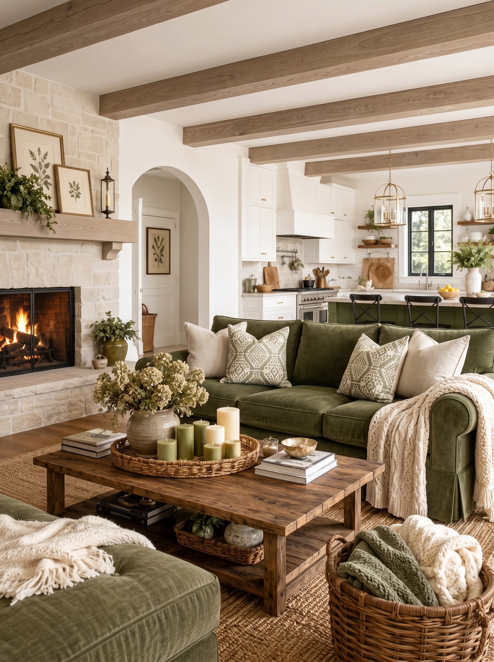 Green rustic living room ideas with olive sofa and exposed wooden beams