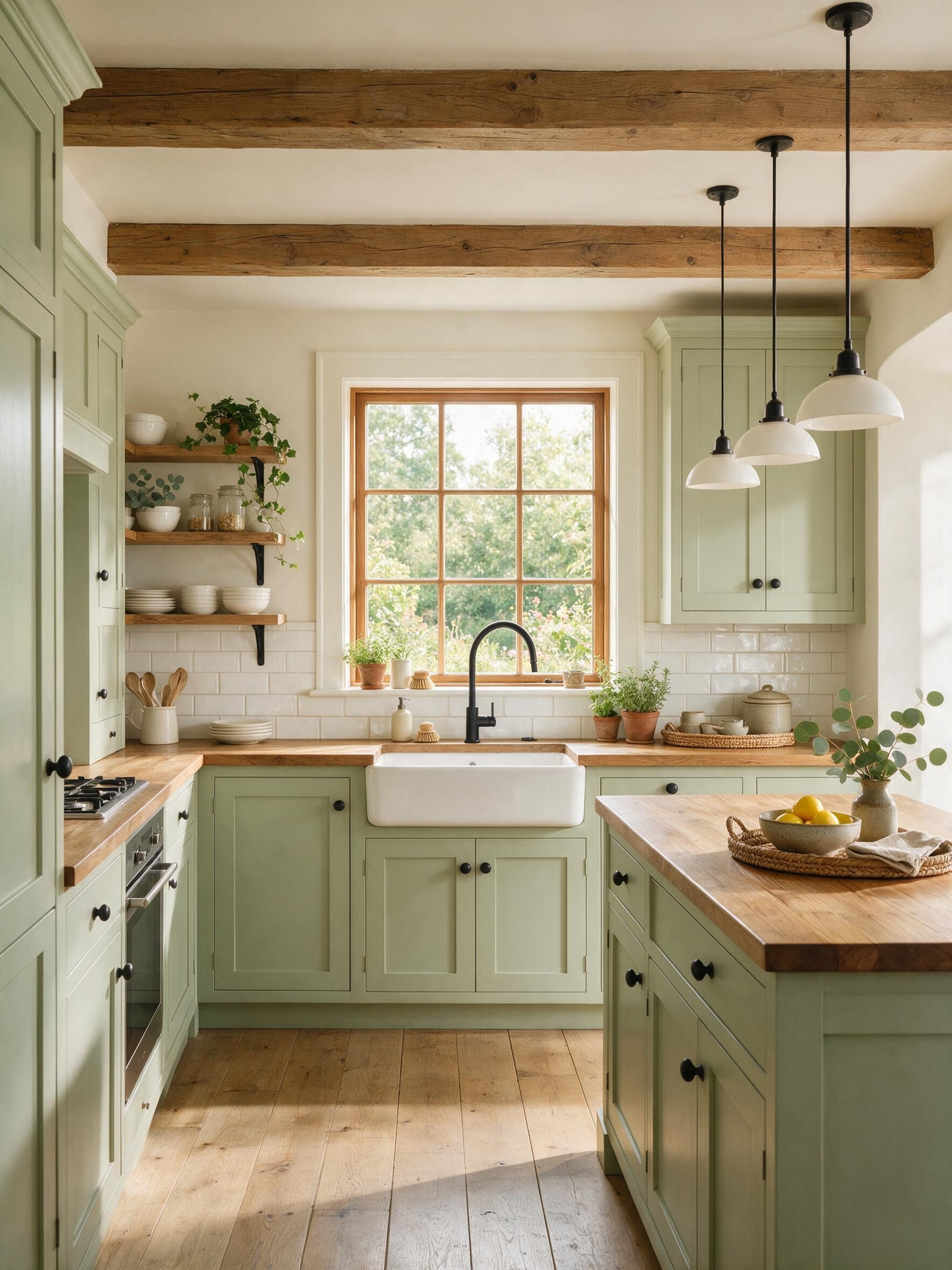 Farmhouse sink beneath wood-trimmed window in green kitchen