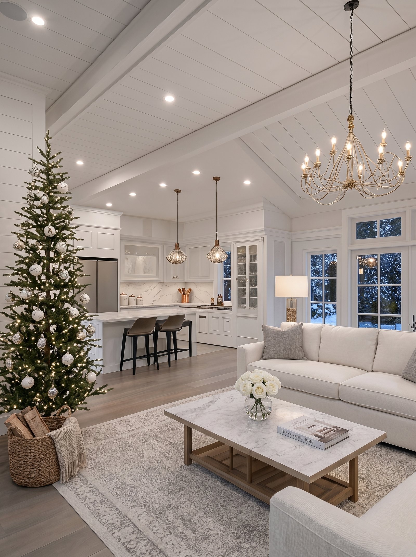 Modern farmhouse open-plan living with vaulted shiplap ceiling