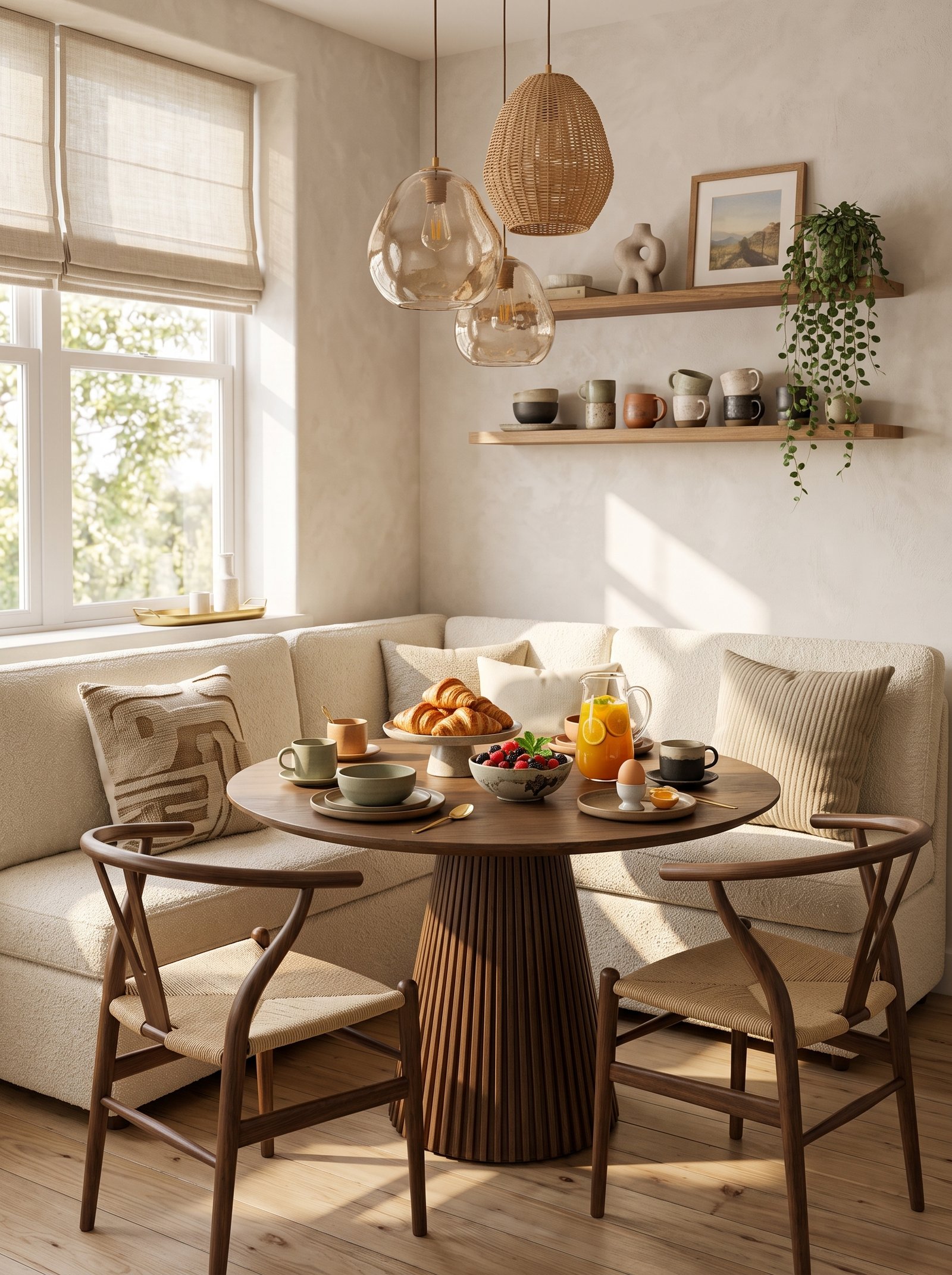 Natural wood dining chairs beside a built-in neutral kitchen breakfast seating area