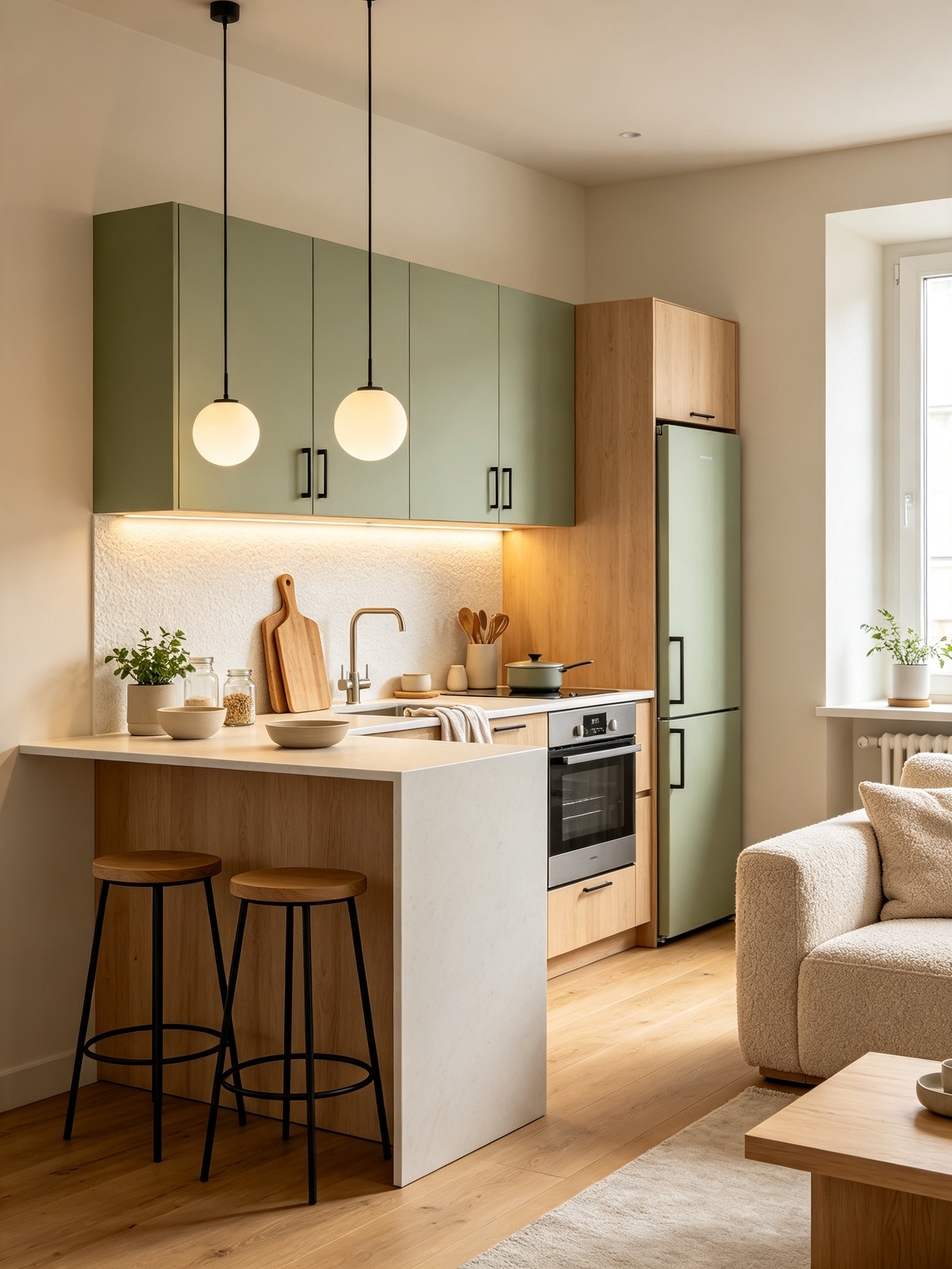 Apartment kitchen ideas on a budget featuring globe pendant lights and compact seating