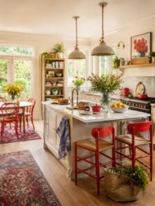Traditional cottage-inspired kitchen with natural wood accents and colorful seating