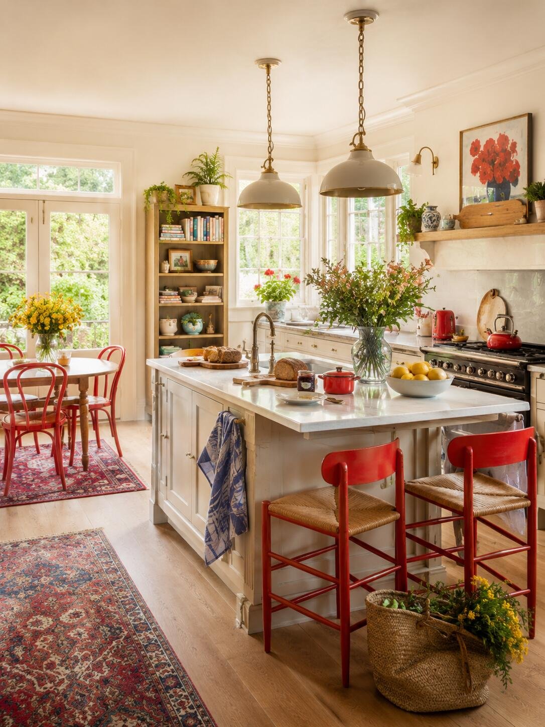 Traditional cottage-inspired kitchen with natural wood accents and colorful seating