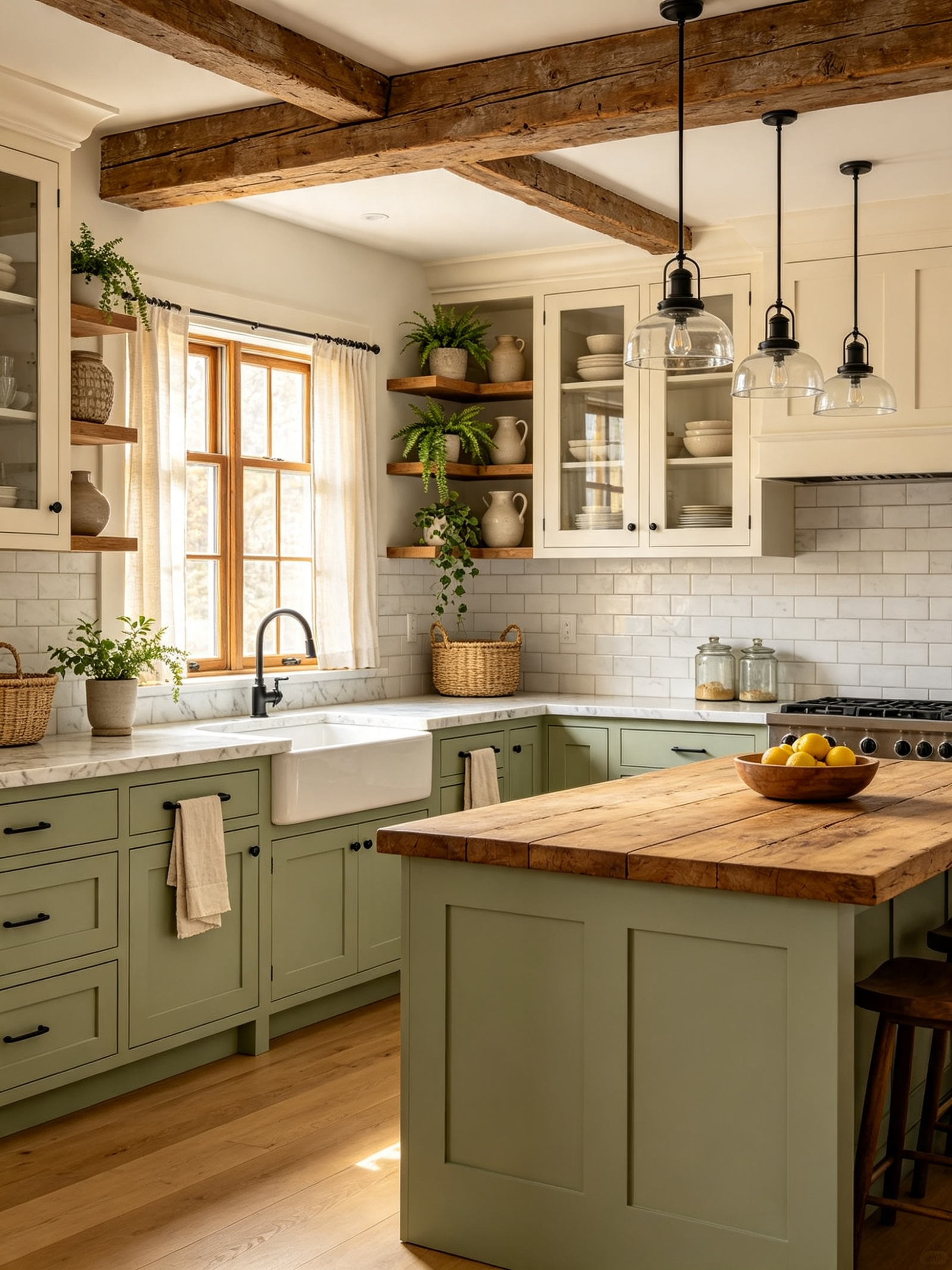 Farmhouse sink under wood-trimmed window with linen curtains