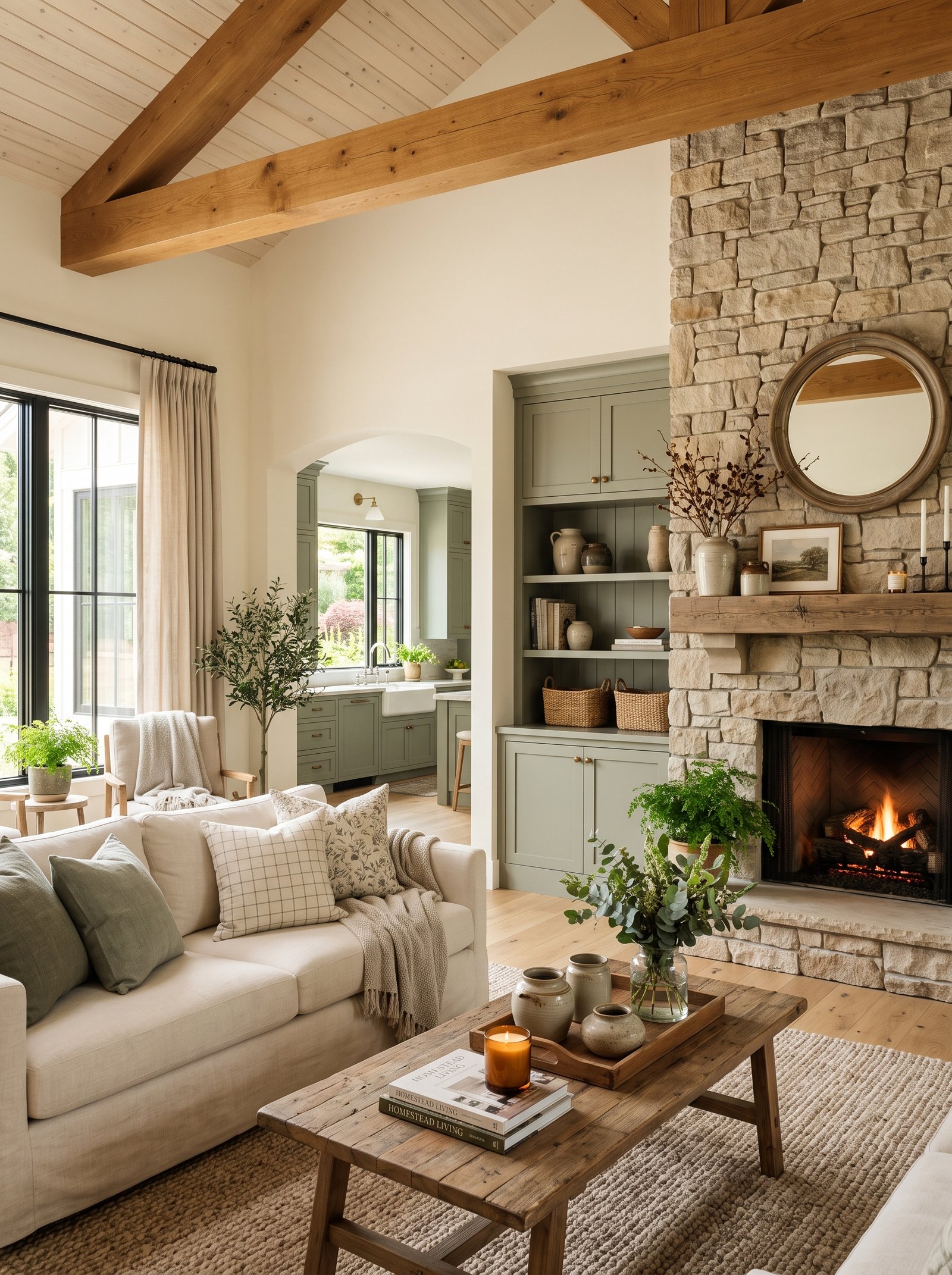 Modern farmhouse living room with stone fireplace and timber beams