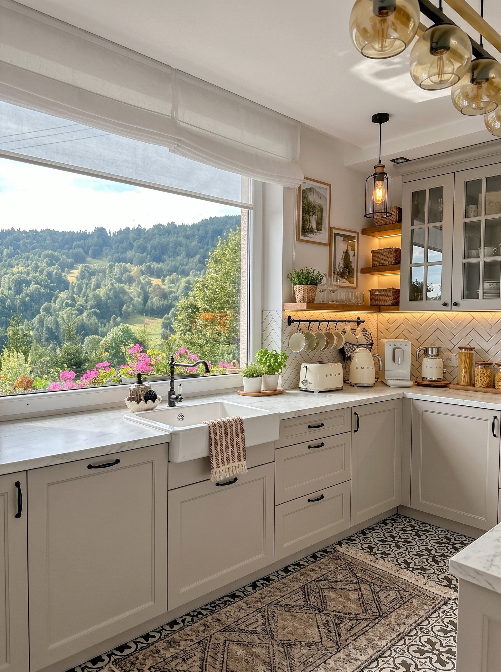 L-shaped kitchen with patterned tile and woven rug