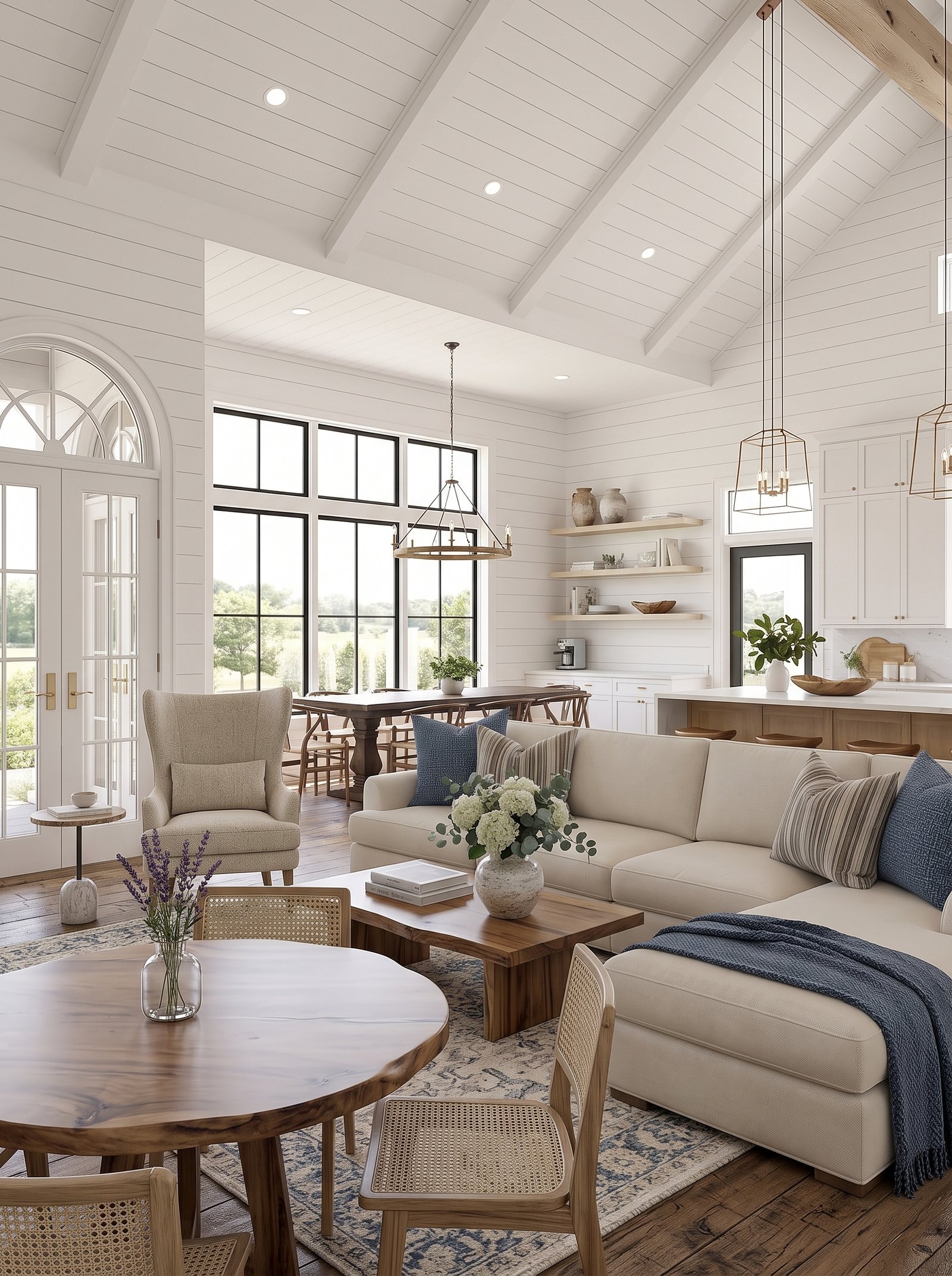 Black metal windows and warm wood in bright farmhouse home