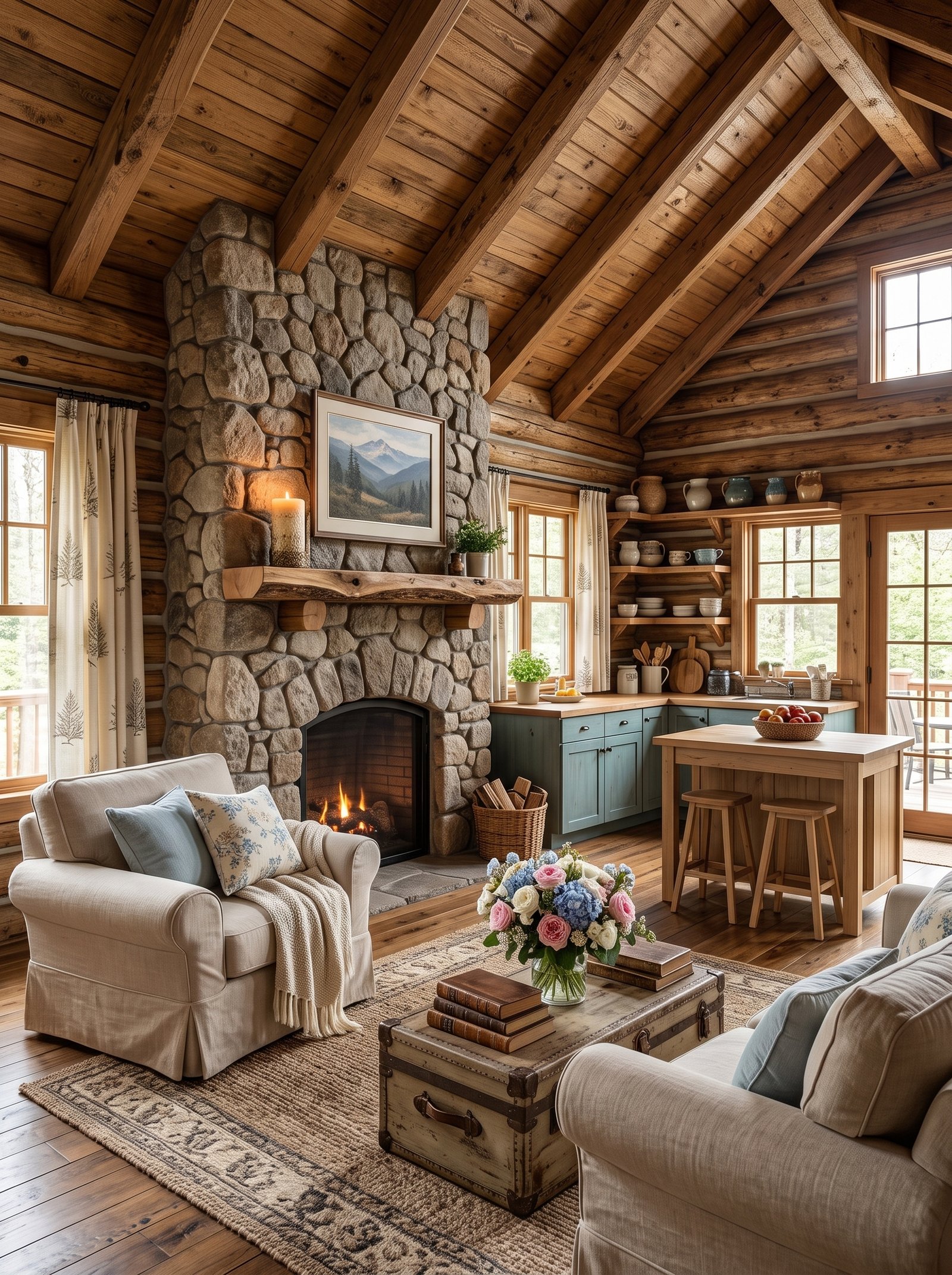 Vintage trunk coffee table and floral decor in log cabin living