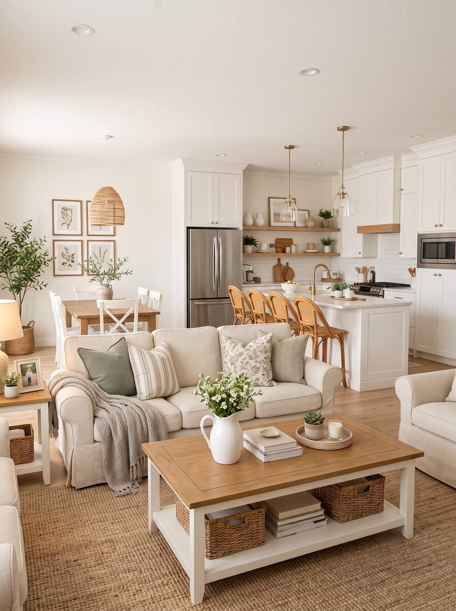 Cozy Home Interior Ideas with cream sofa, sage cushions, and oak coffee table