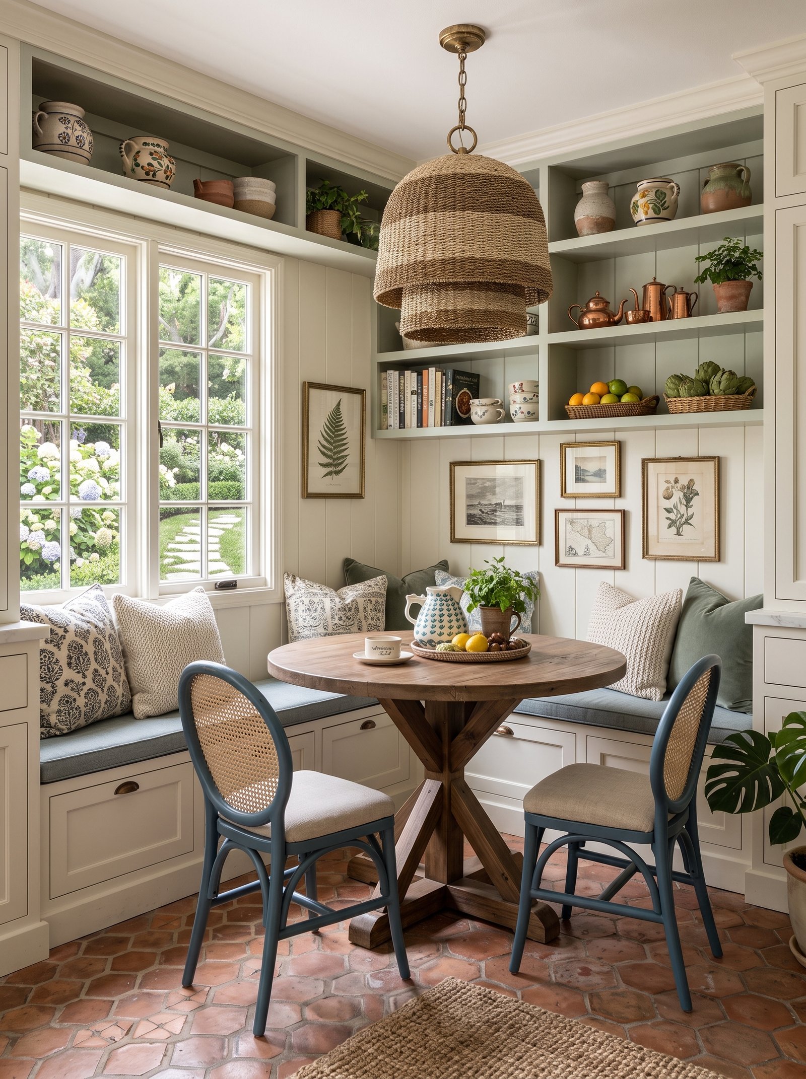 Small cozy breakfast nook for small spaces with wood table and storage benches