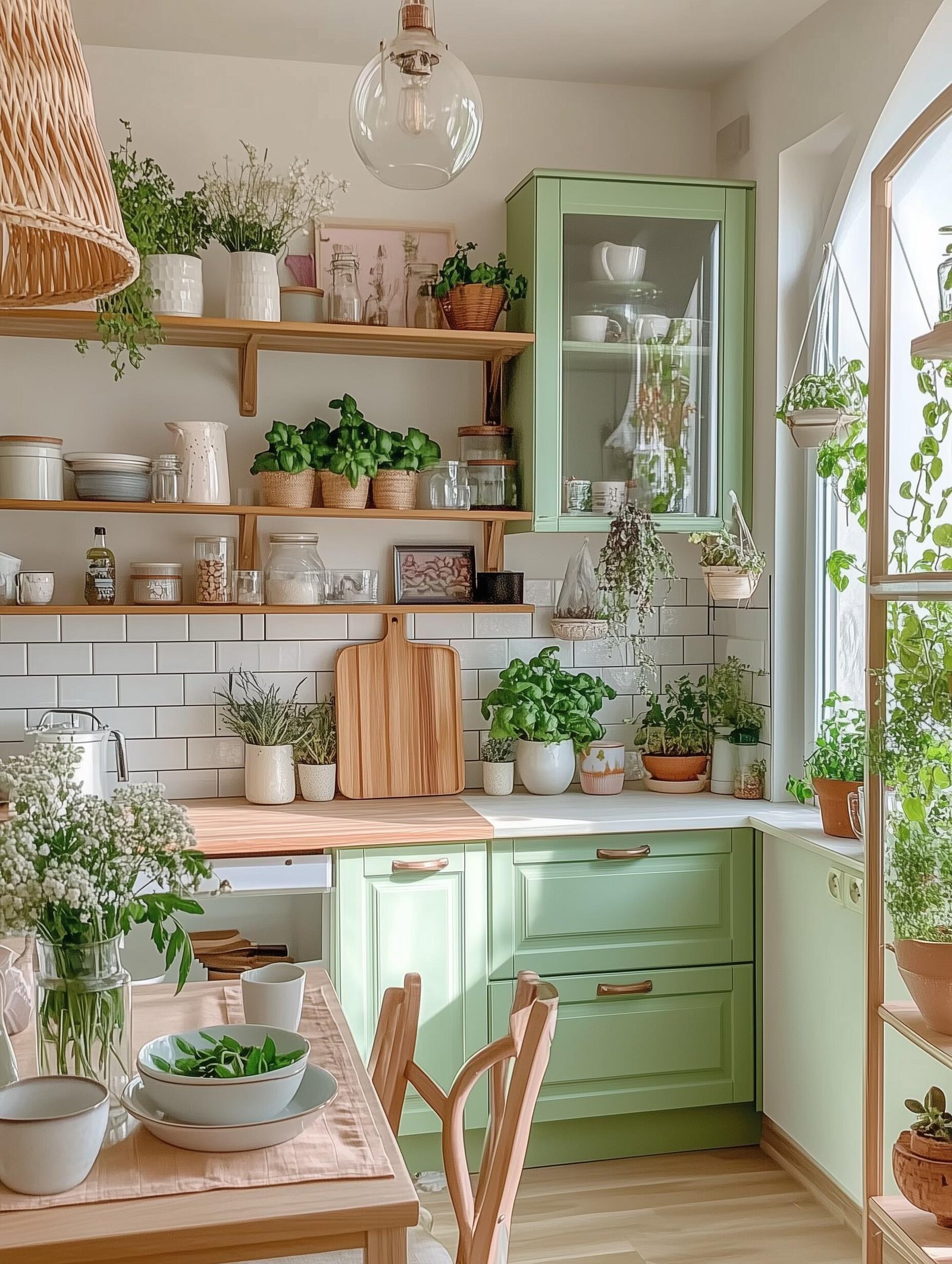 Cozy girl apartment kitchen with sage cabinets and open shelves